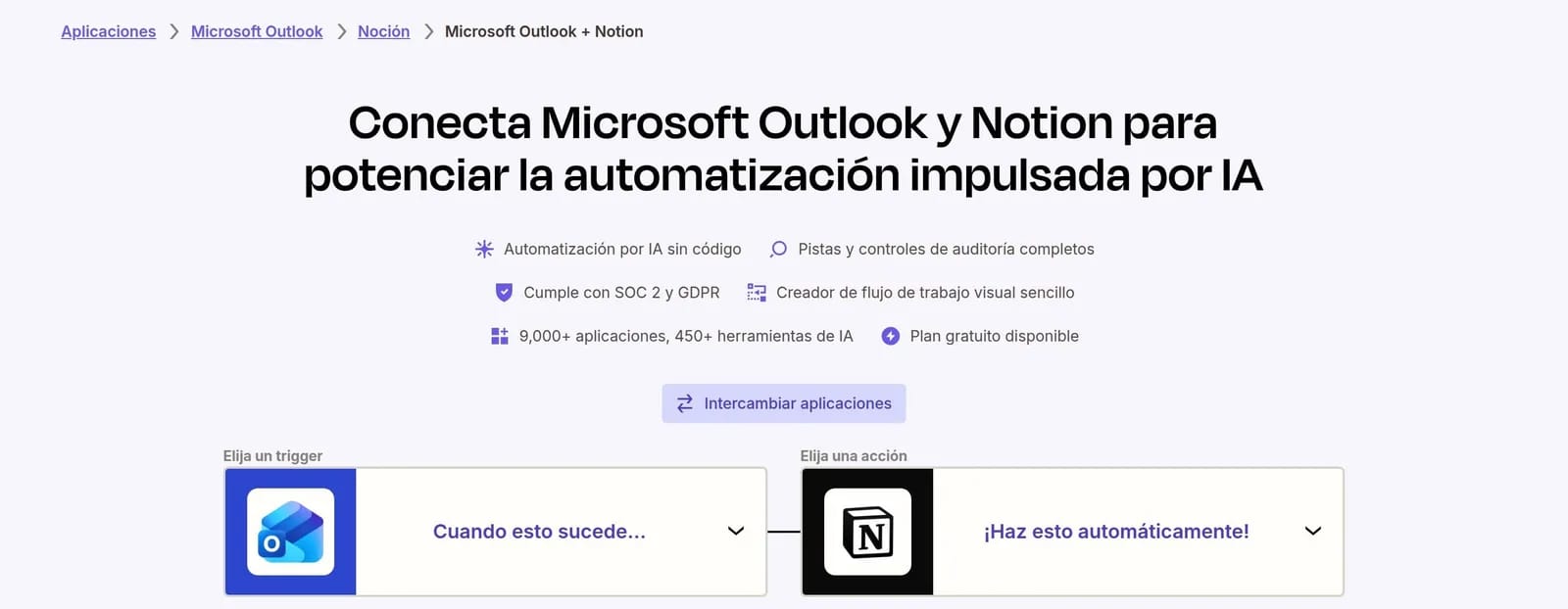Página de Zapier para conectar Microsoft Outlook y Notion, en español, con los recuadros Elija un trigger junto al icono de Outlook y Elija una acción junto al icono de Notion