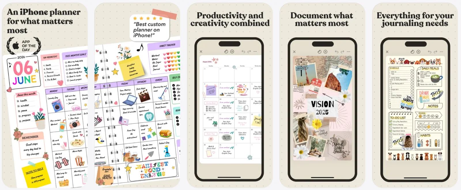 Cinq écrans de Zinnia sur iPhone : agenda mensuel décoré, page de suivi d'habitudes, calendrier du mois, collage photo et journée détaillée avec repas et humeurs