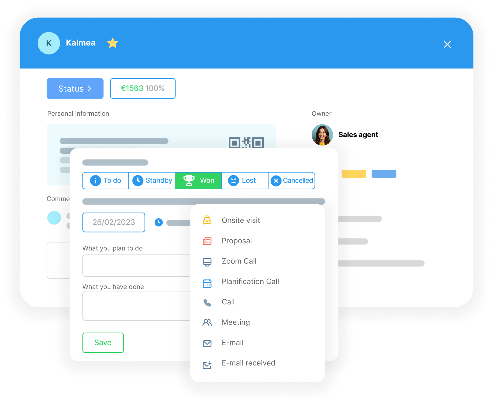 Fiche de lead noCRM.io avec les statuts To do, Standby, Won, Lost et la liste des actions à planifier