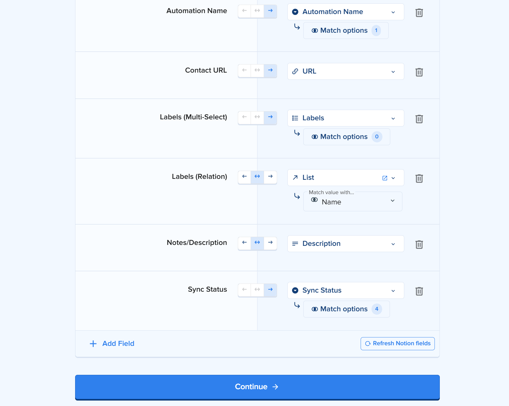 Lower rows of the Field mapping table pairing Contact URL, Labels (Multi-Select), Labels (Relation) matched on Name, Notes and Sync Status with Notion properties, each row carrying direction arrows, above the + Add Field button