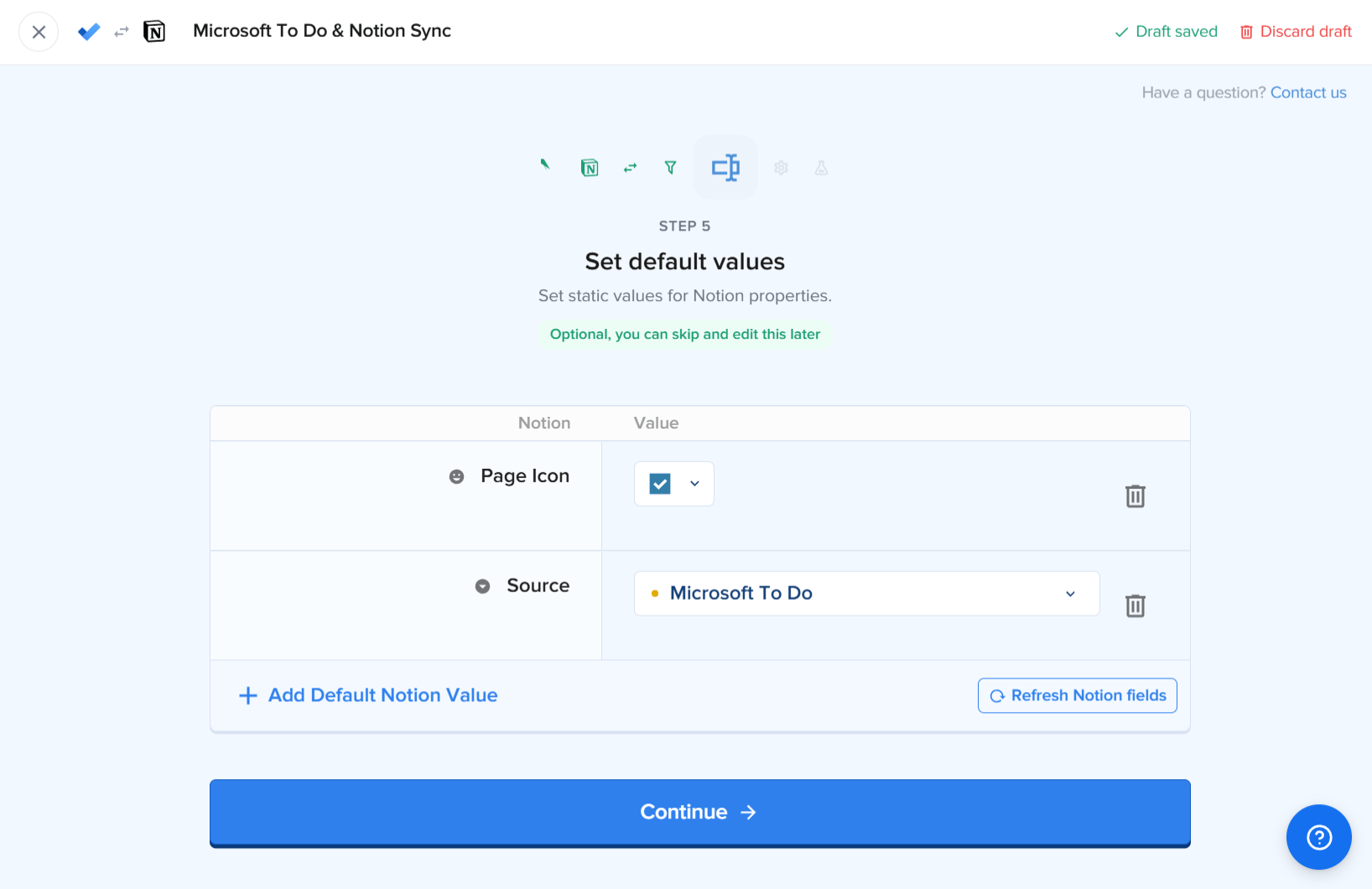 Schritt für Standardwerte in 2sync mit einem festen Notion-Seitensymbol und der Eigenschaft Source, fest auf Microsoft To Do gesetzt
