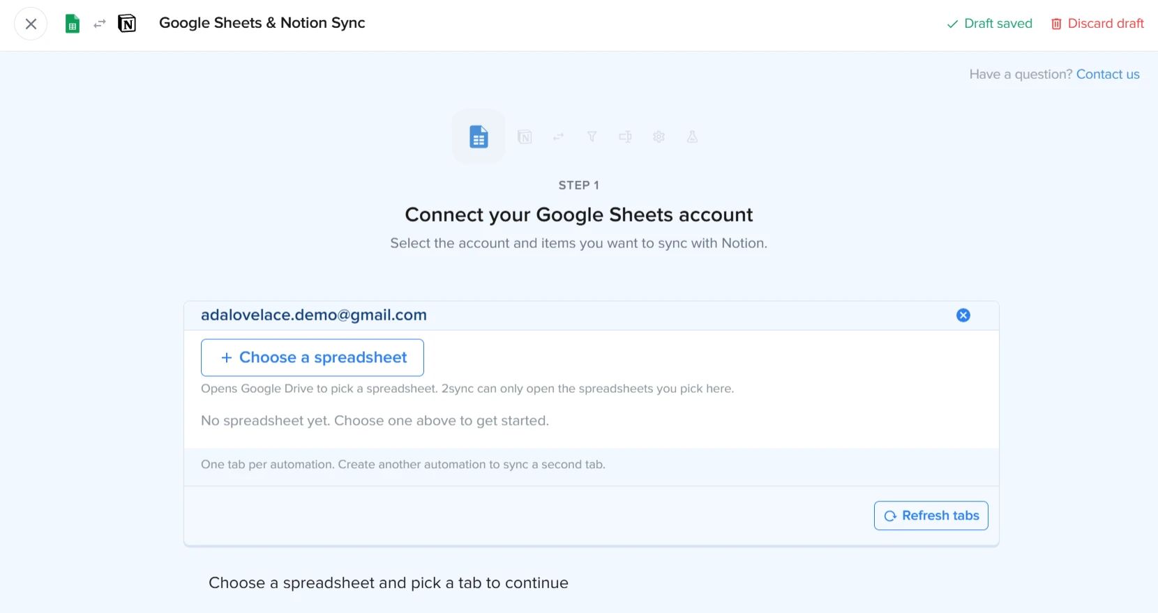 Écran de configuration Google Sheets de 2sync, interface en anglais : un compte Google connecté, le bouton Choose a spreadsheet qui ouvre Google Drive, la mention d'un onglet par automatisation et le bouton Refresh tabs