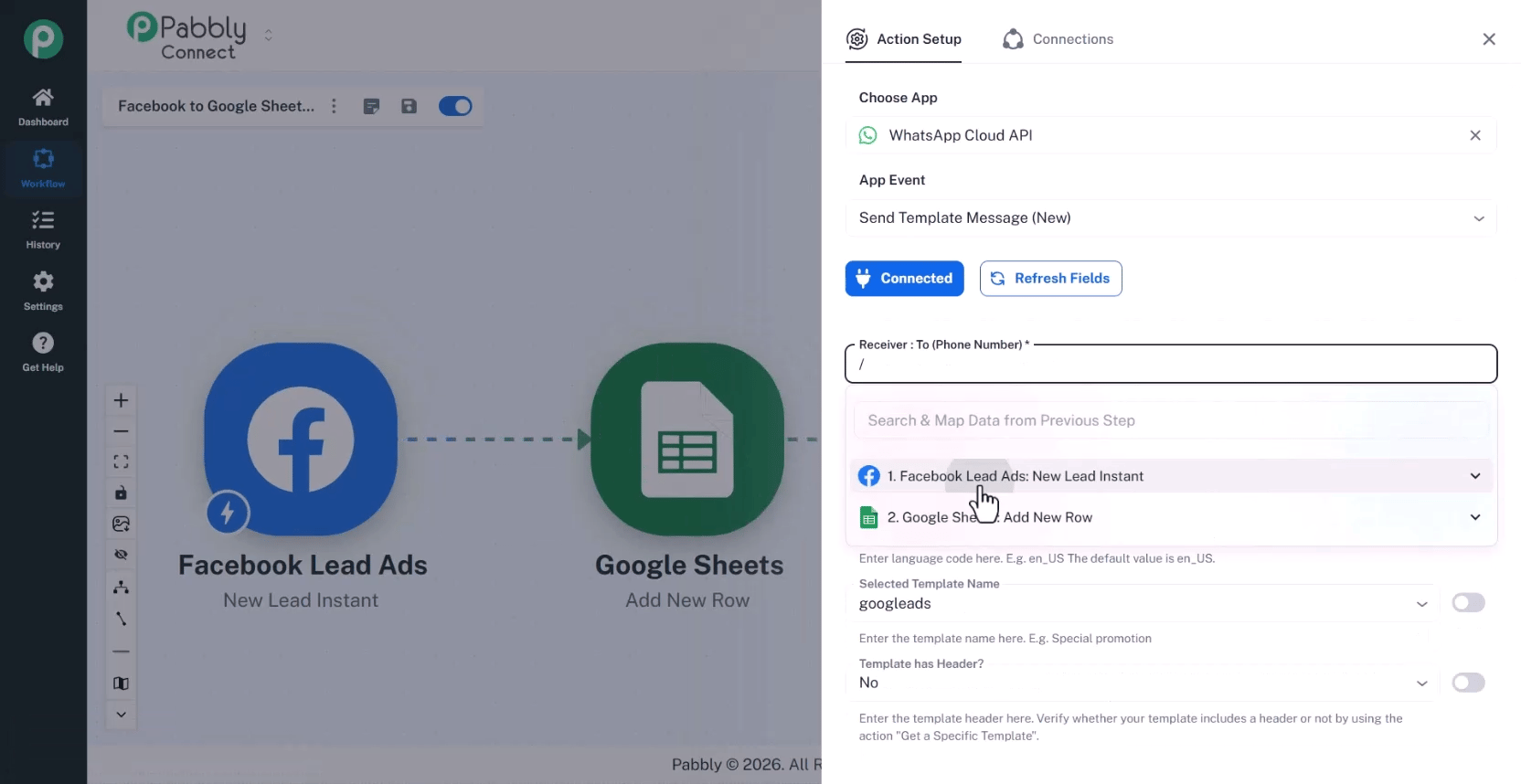 トリガーとアクションのモジュールがクリーンな明るい UI 上で接続された、多段ワークフローを示す Pabbly Connect のビルダー画面。