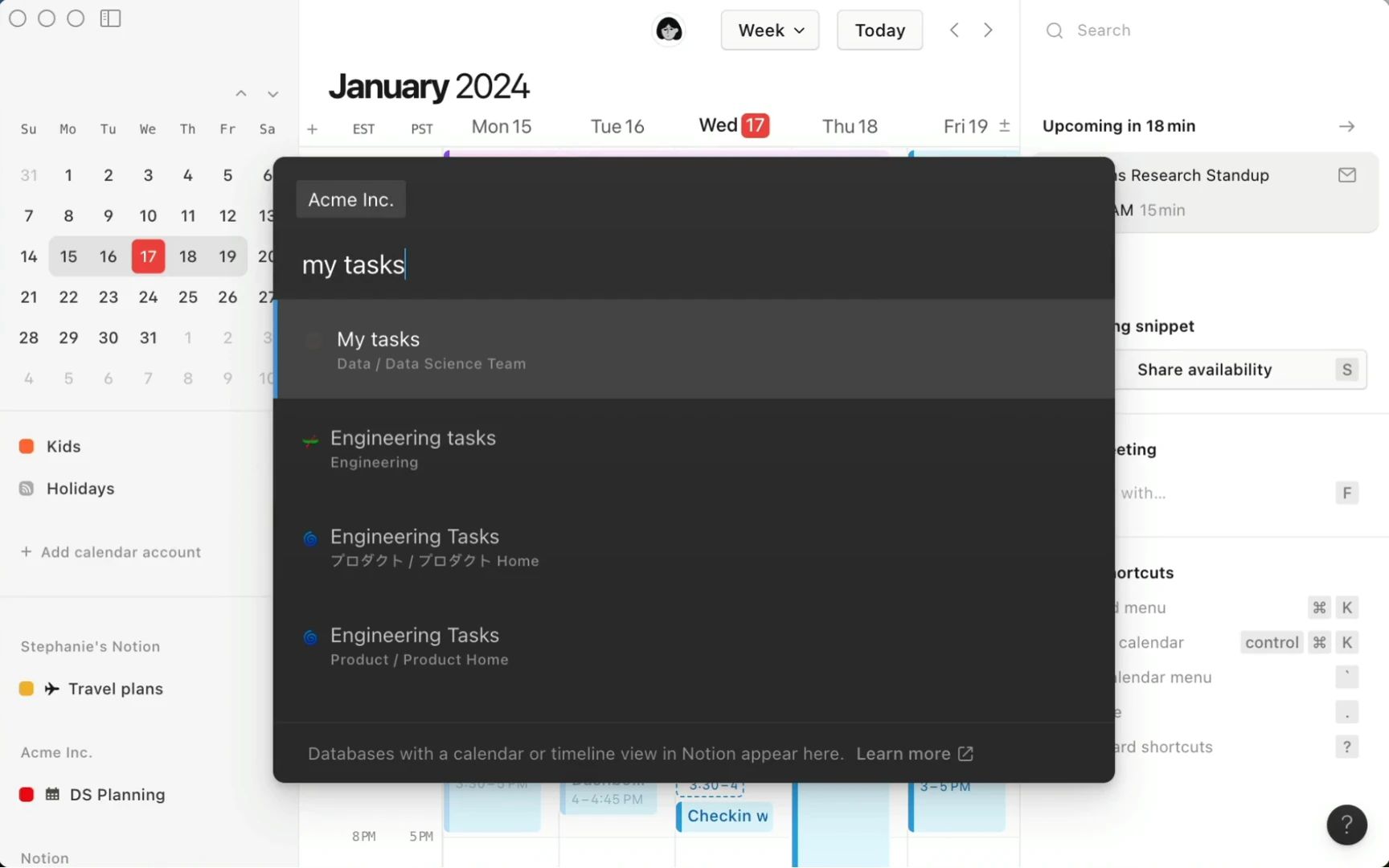 Sélecteur de bases de données de Notion Calendar ouvert sur la vue semaine, avec la liste des bases de tâches d'un espace de travail Notion connecté