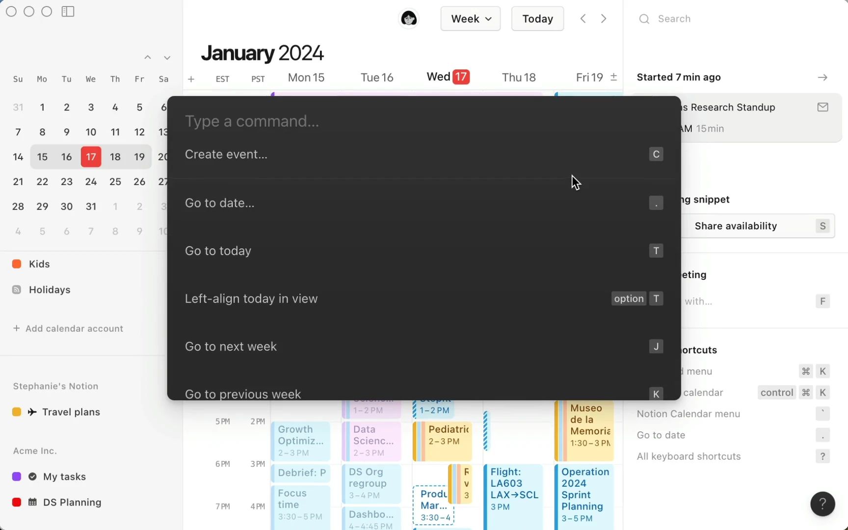 Menu de commandes de Notion Calendar ouvert sur la vue semaine, avec des actions comme Create event, Go to today et Go to next week accompagnées de leurs raccourcis d'une touche