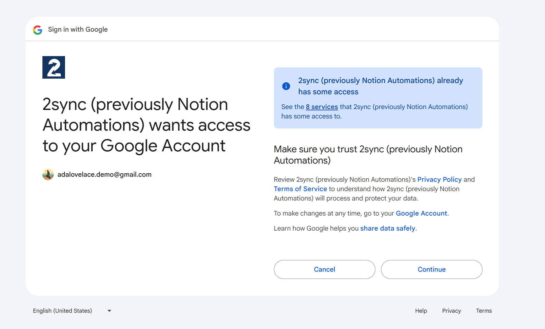 Asistente de 2sync paso 1 Connect your Google account: cuenta de Google conectada (adalovelace.demo@gmail.com) con varios calendarios marcados y uno definido como Default, enlace Unselect all, botón Refresh calendars y botón azul Continue.