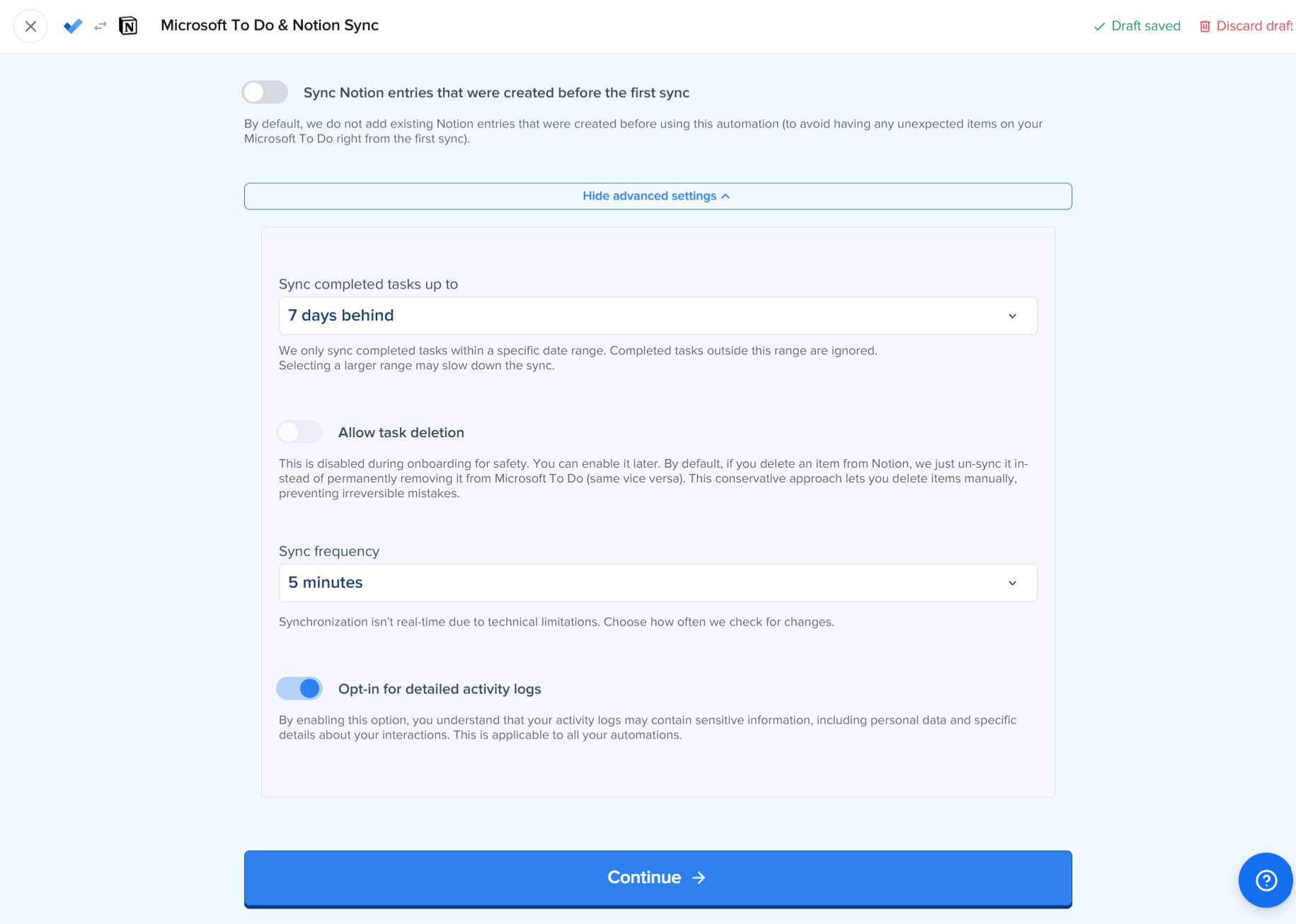 Erweiterte Synchronisationseinstellungen in 2sync mit Sync completed tasks up to auf 7 Tage, ausgeschaltetem Allow task deletion und einer Sync frequency von 5 Minuten