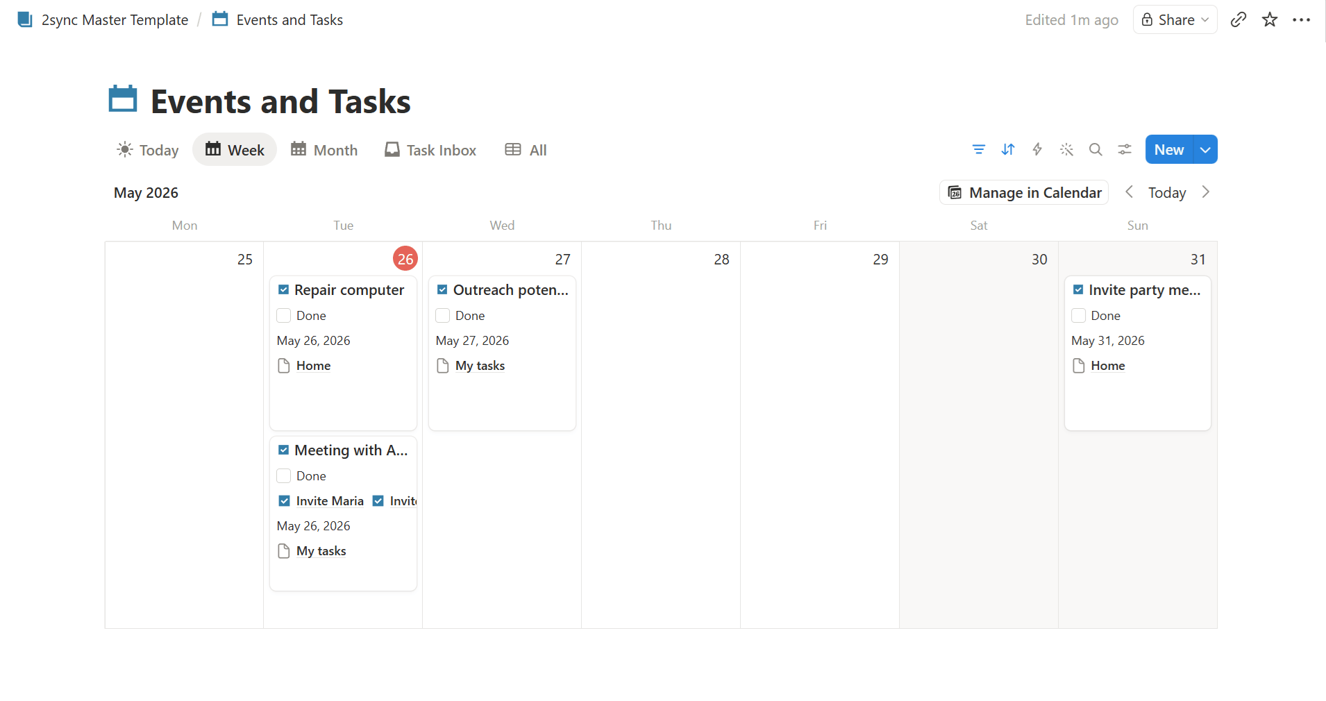 Base de données Notion intitulée Événements et Tâches en vue semaine, à l'intérieur d'un espace de travail 2sync Master Template, affichant les tâches synchronisées depuis Google Tasks : Réparer l'ordinateur et Réunion avec Anna avec deux sous-tâches le mardi, Prospecter de nouveaux clients le mercredi, et Inviter les membres de la fête le dimanche, chacune avec une case Terminée et une liste parente Mes tâches ou Maison
