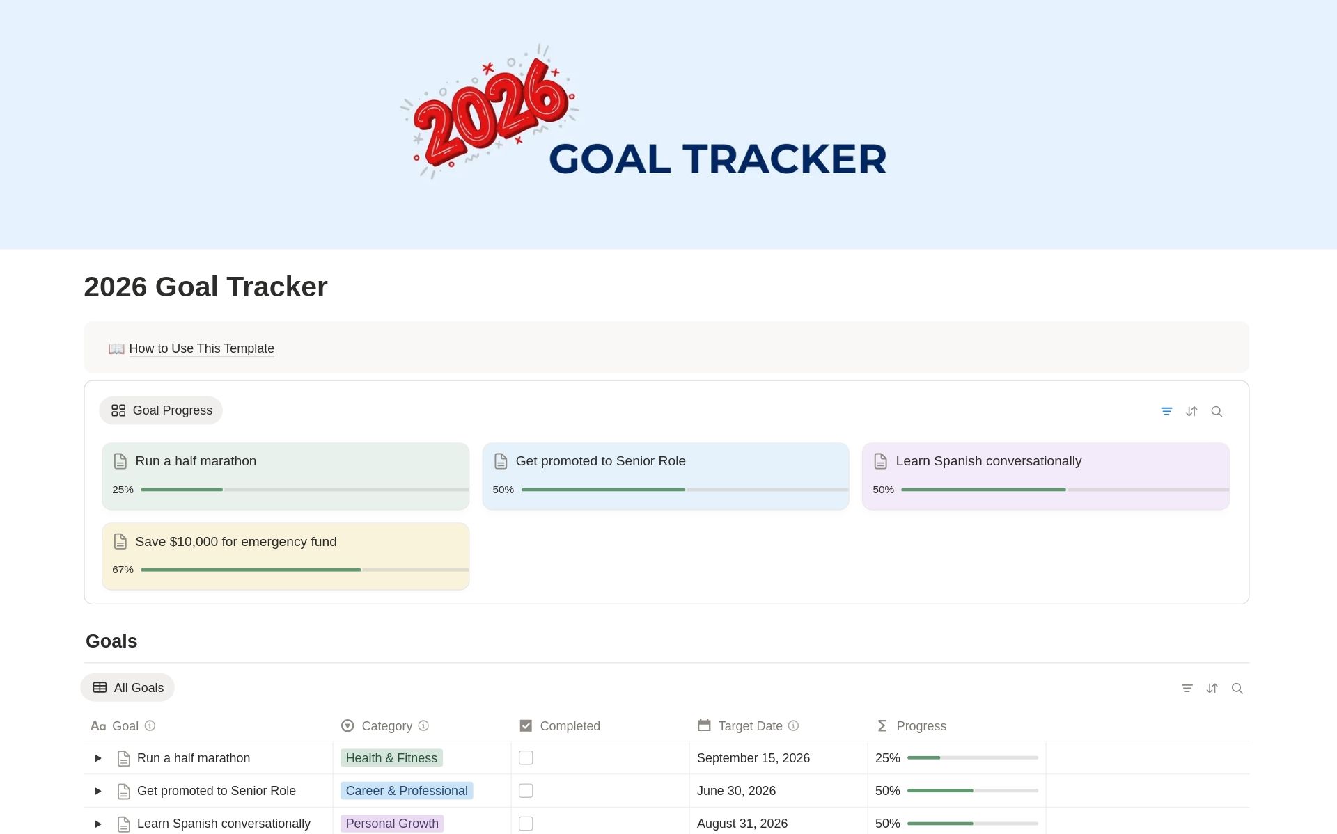2026 Goal Tracker template for Notion with yearly dashboard and progress tracking.