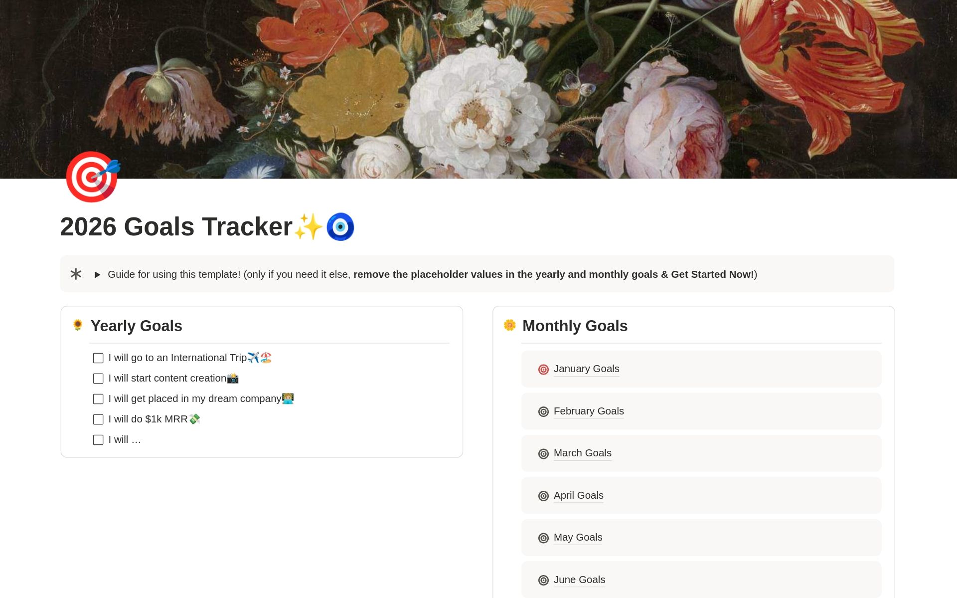 2026 Goals Tracker Notion template with monthly organization and manifestation elements.