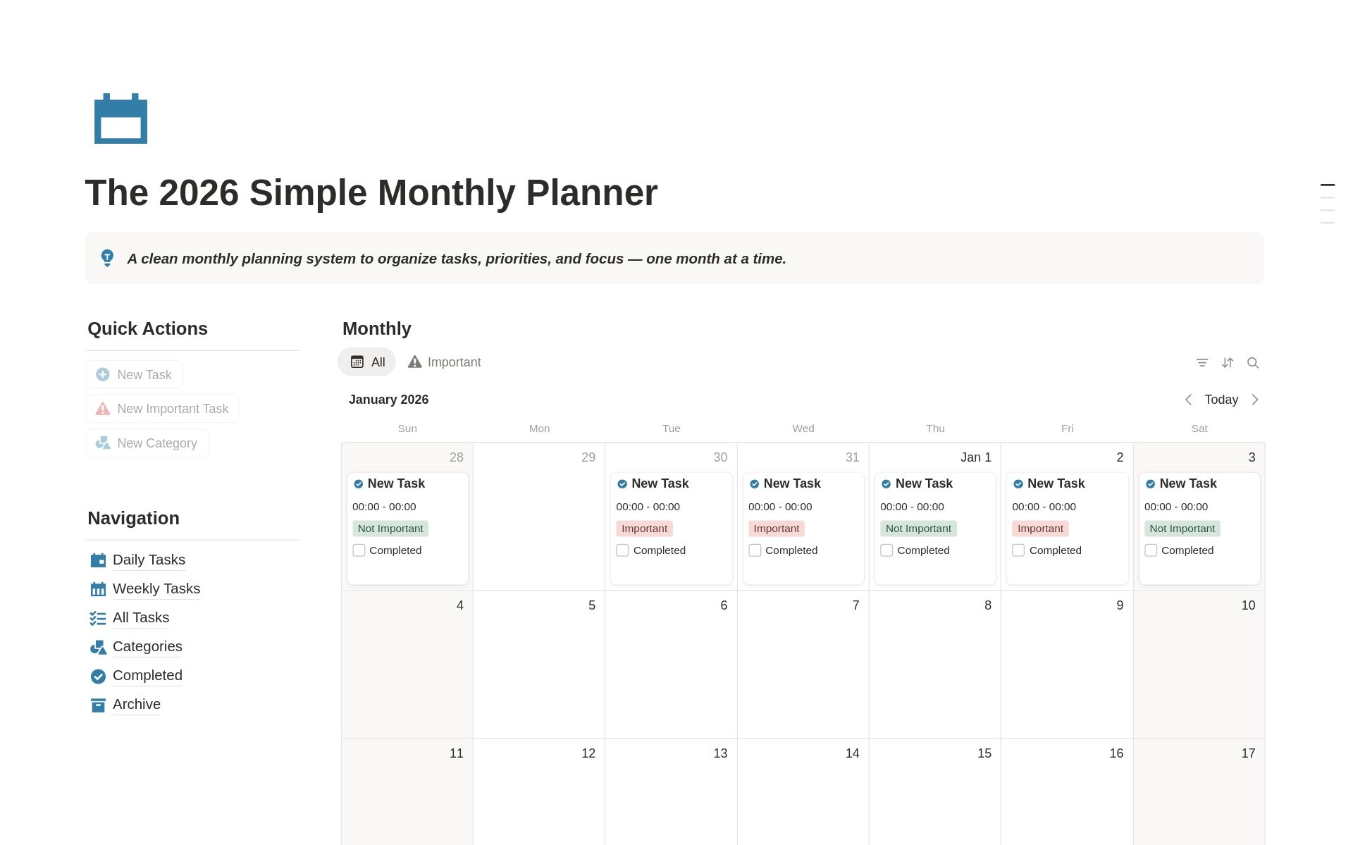 Notion의 2026 Simple Monthly Planner 템플릿이 작업 우선순위 지정과 일간, 주간, 월간 내비게이션이 있는 깔끔한 월간 뷰를 보여줍니다.