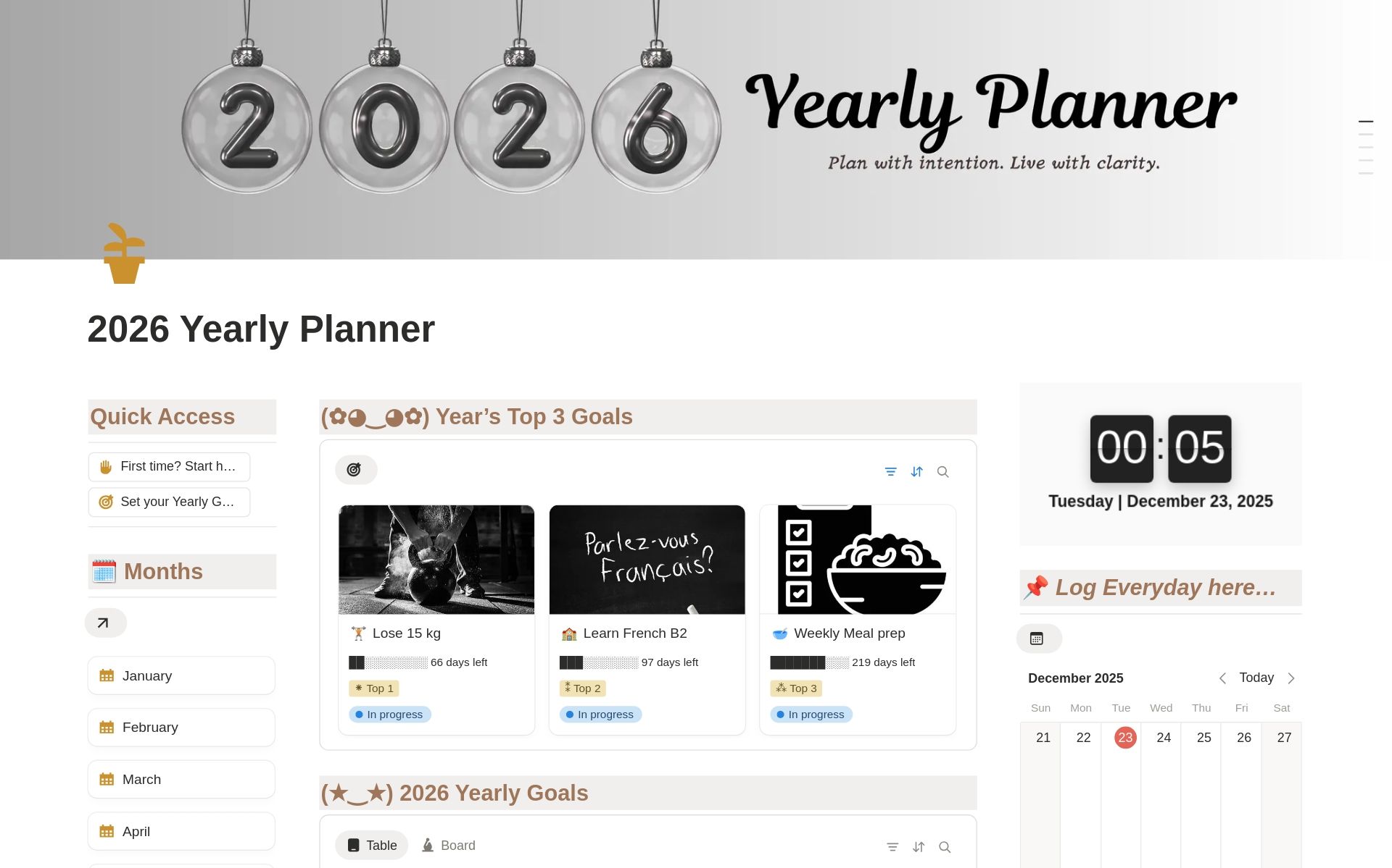 Notion의 2026 Yearly Planner 템플릿이 목표 추적, 월별 요약, 일일 로그 항목이 있는 12개월 대시보드를 보여줍니다.