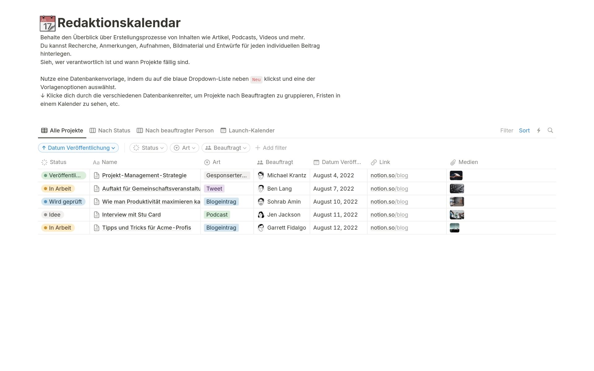 Notion Content-Kalender Vorlage zeigt eine einfache Kalenderansicht mit Inhaltseinträgen, geplanten Terminen und Bildkarten zur visuellen Organisation.