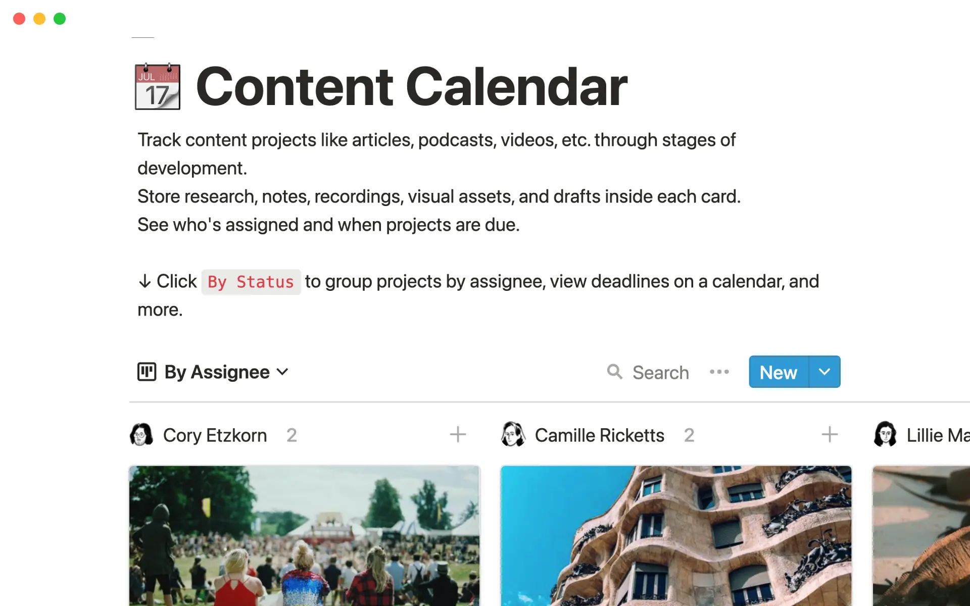 Notion Basic Content Calendar template showing a simple calendar view with content entries, scheduled dates, and picture cards for visual organization.