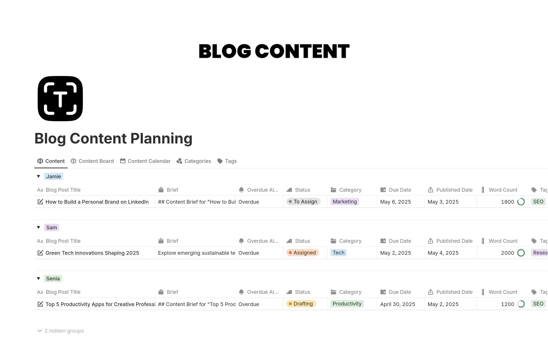 Blog Content Planning라는 제목의 Notion 템플릿에서 블로그 주제, 상태, 카테고리, 마감일, 우선순위가 테이블 행으로 표시됩니다.
