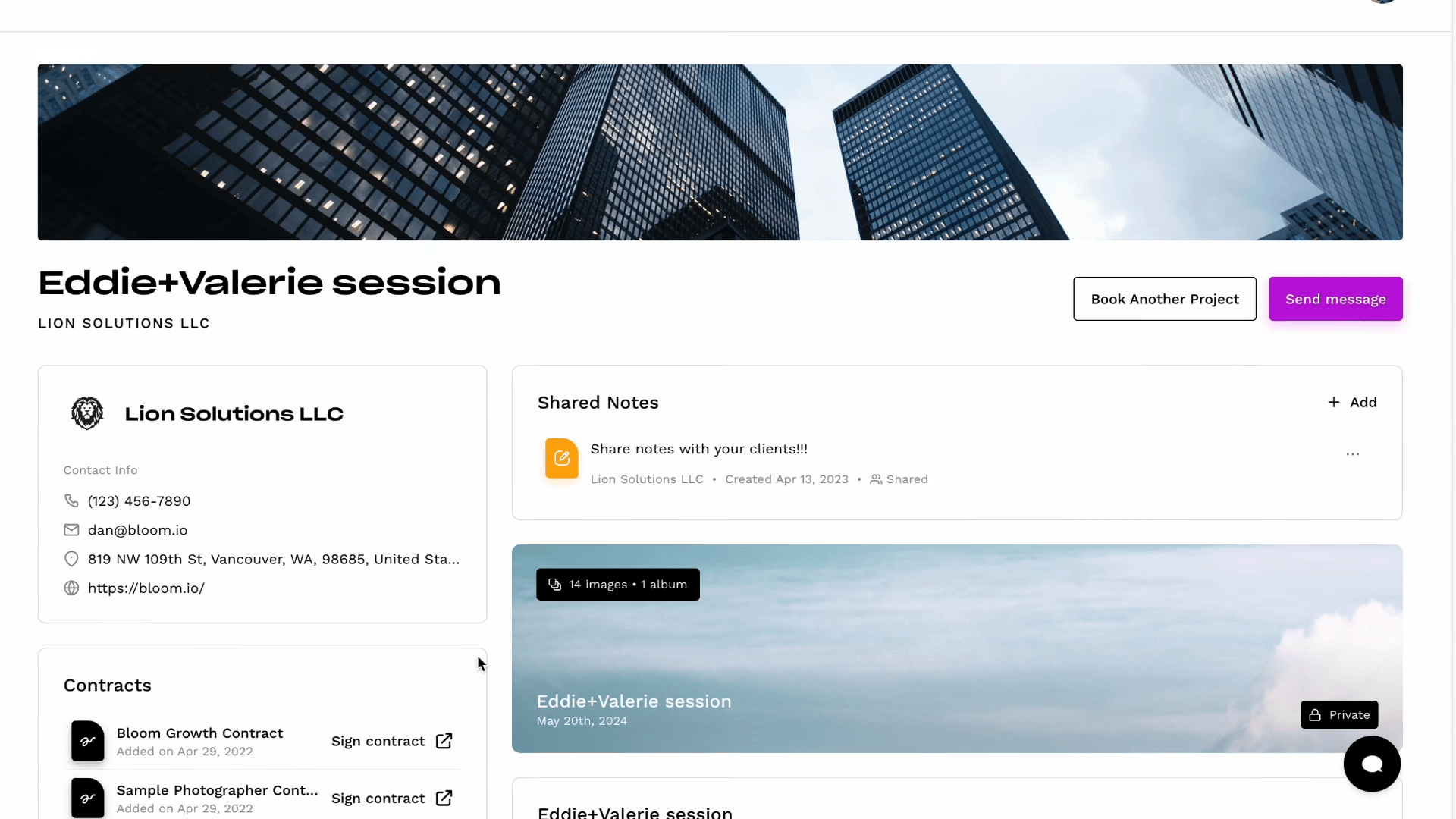 Bloom client project page for a booked session, showing the client's contact details, shared notes, a contracts list with sign-contract links, and a shared photo album