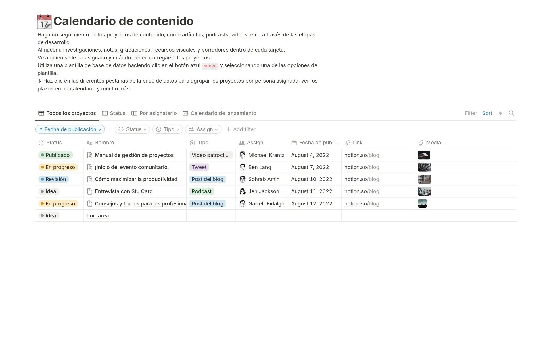 La plantilla Calendario de contenido de Notion muestra una vista de calendario simple con entradas de contenido, fechas programadas y tarjetas con imagen para organización visual.