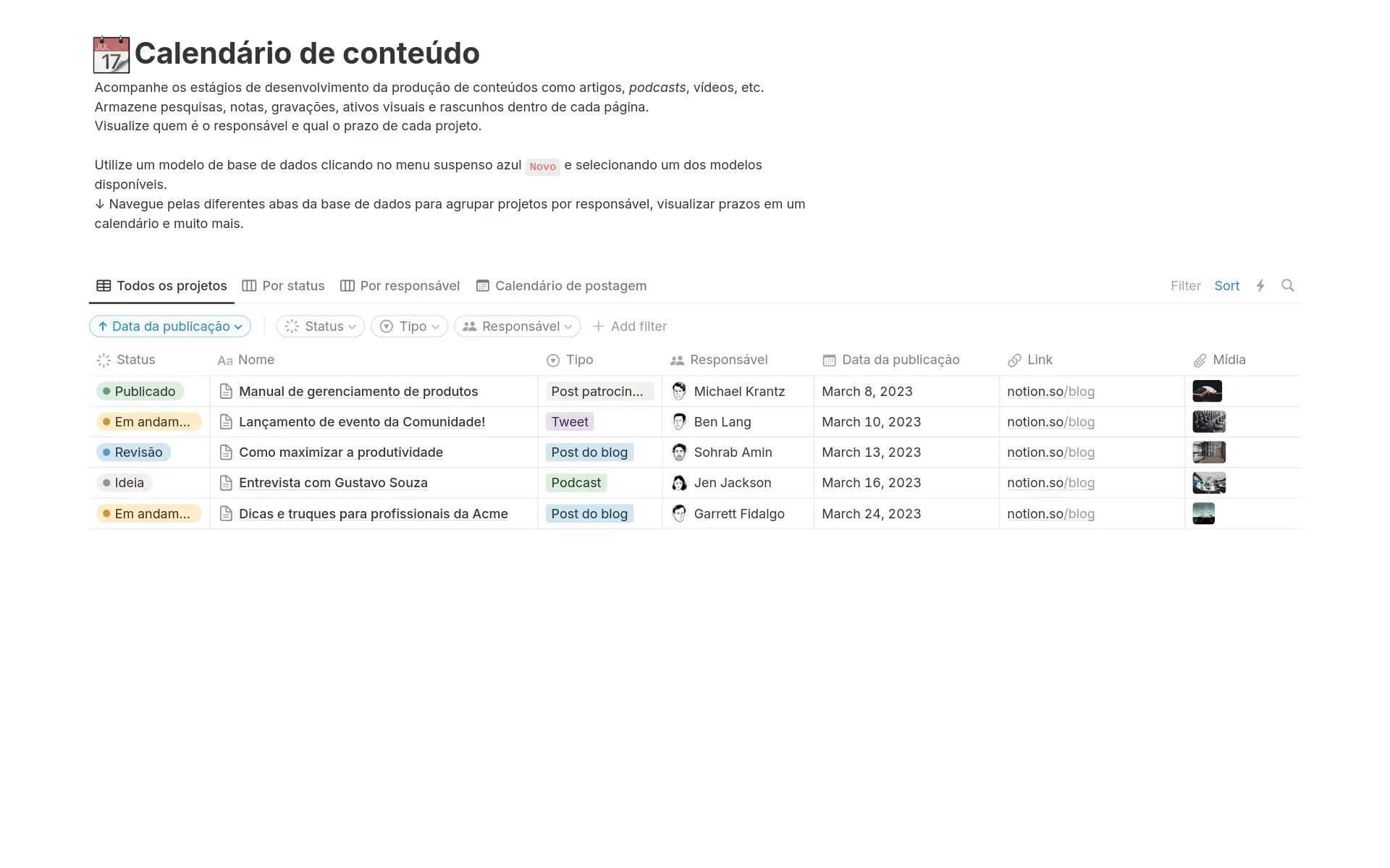 Modelo Calendário de conteúdo do Notion mostrando uma vista de calendário simples com entradas de conteúdo, datas agendadas e cartões visuais para organização.