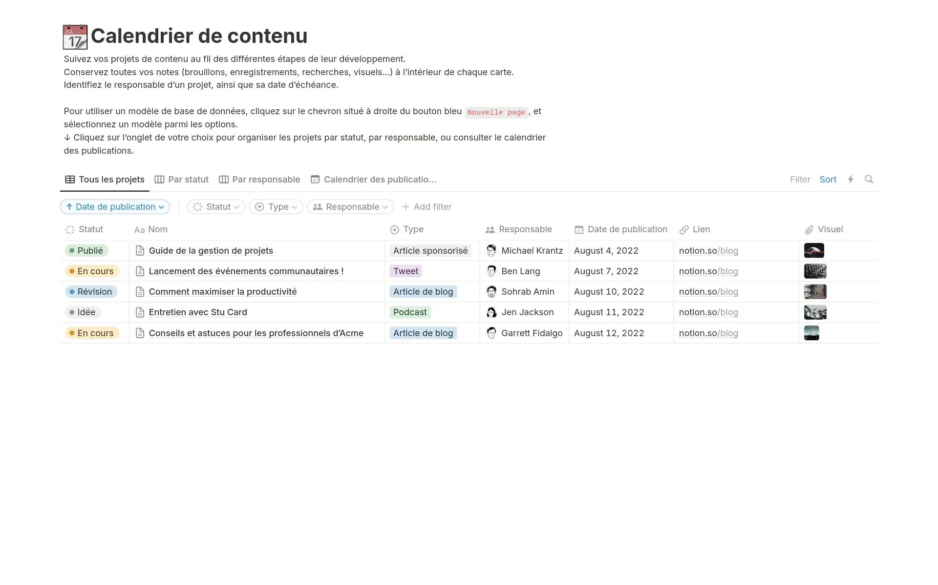Le modèle Calendrier éditorial de Notion affichant une vue calendrier simple avec des entrées de contenu, des dates planifiées et des cartes illustrées pour une organisation visuelle.