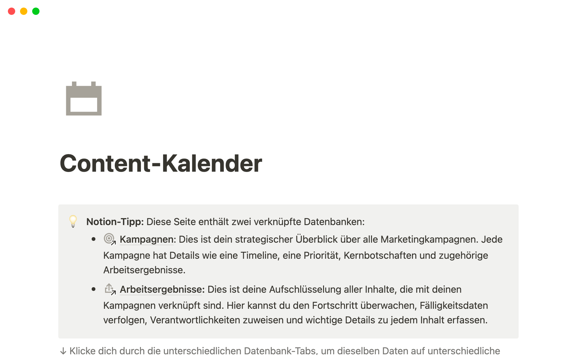 Notion Content-Kalender-Vorlage zeigt Kampagnen mit Status, Zeitleisten, Prioritäten, Verantwortlichen und einem Kreisdiagramm mit vier laufenden oder geplanten Kampagnen.