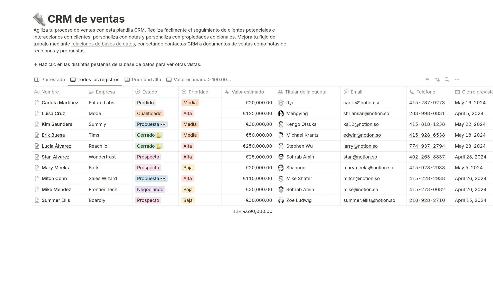 Vista previa de la plantilla CRM de ventas con una base de datos de oportunidades en vista Kanban por fase del embudo en Notion