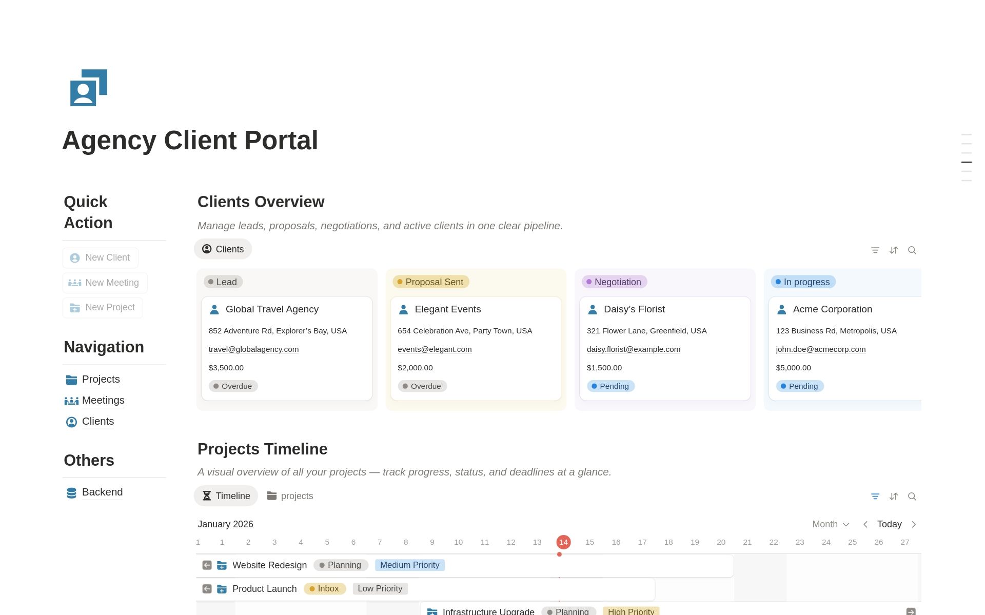Agency Client Portal template preview showing clients linked to project tasks and communication threads in Notion