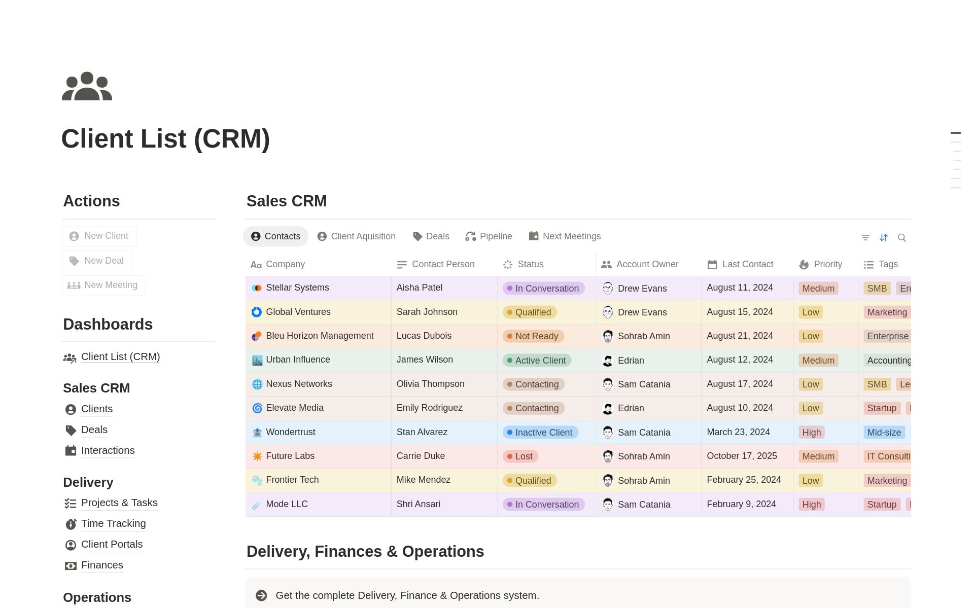 Client List CRM template preview showing a contact database with statuses, deals, and filters in Notion