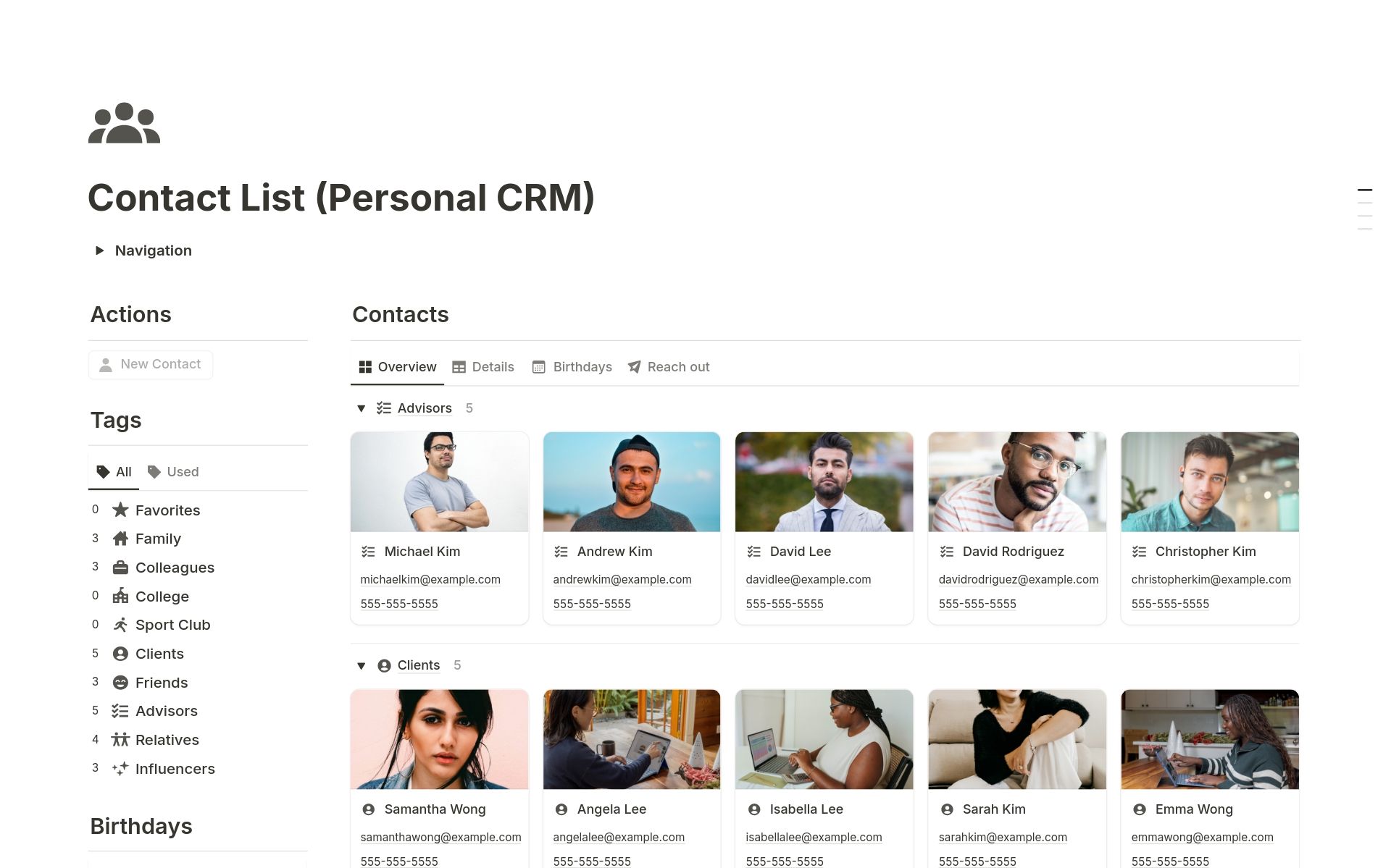 Contact List Personal CRM template preview showing a clean table of contacts with tags and last-contacted dates in Notion