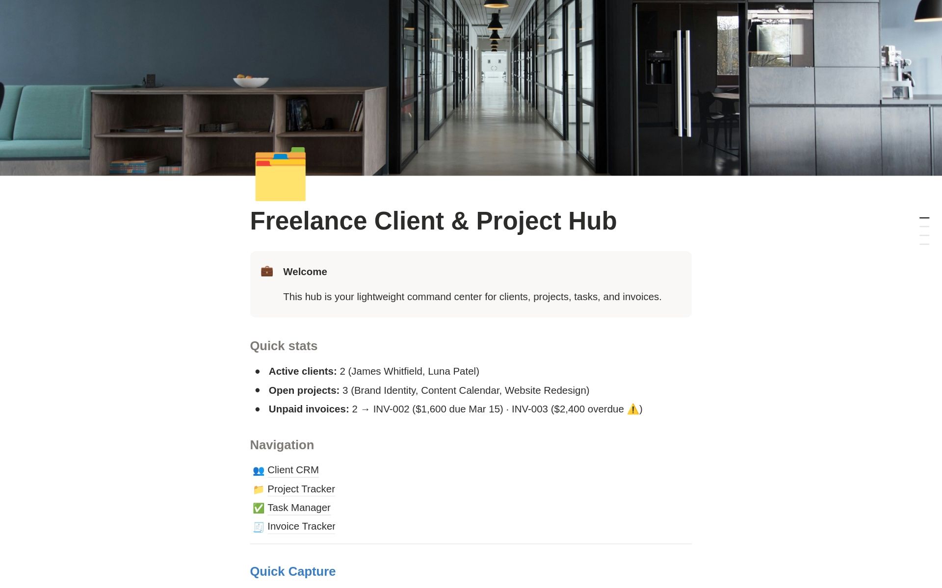 Freelance Client Project Hub template preview showing clients, projects, invoices, and tasks linked in Notion