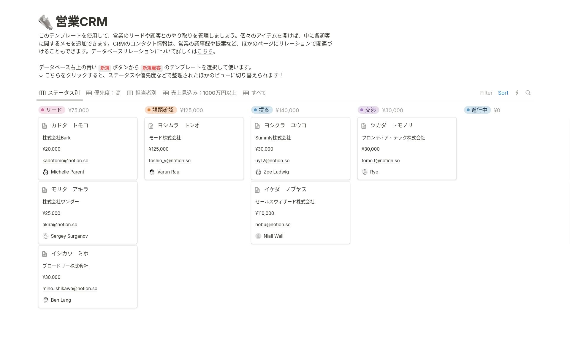 営業CRMテンプレートのプレビュー。Notion上でパイプラインの段階別にまとめた案件データベースのカンバンビュー