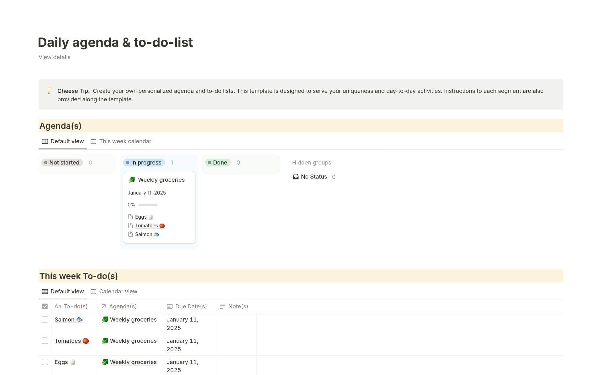 Daily Agenda and To-Do List template by Cheese and Cheese with linked agenda and to-do databases and a weekly calendar view.