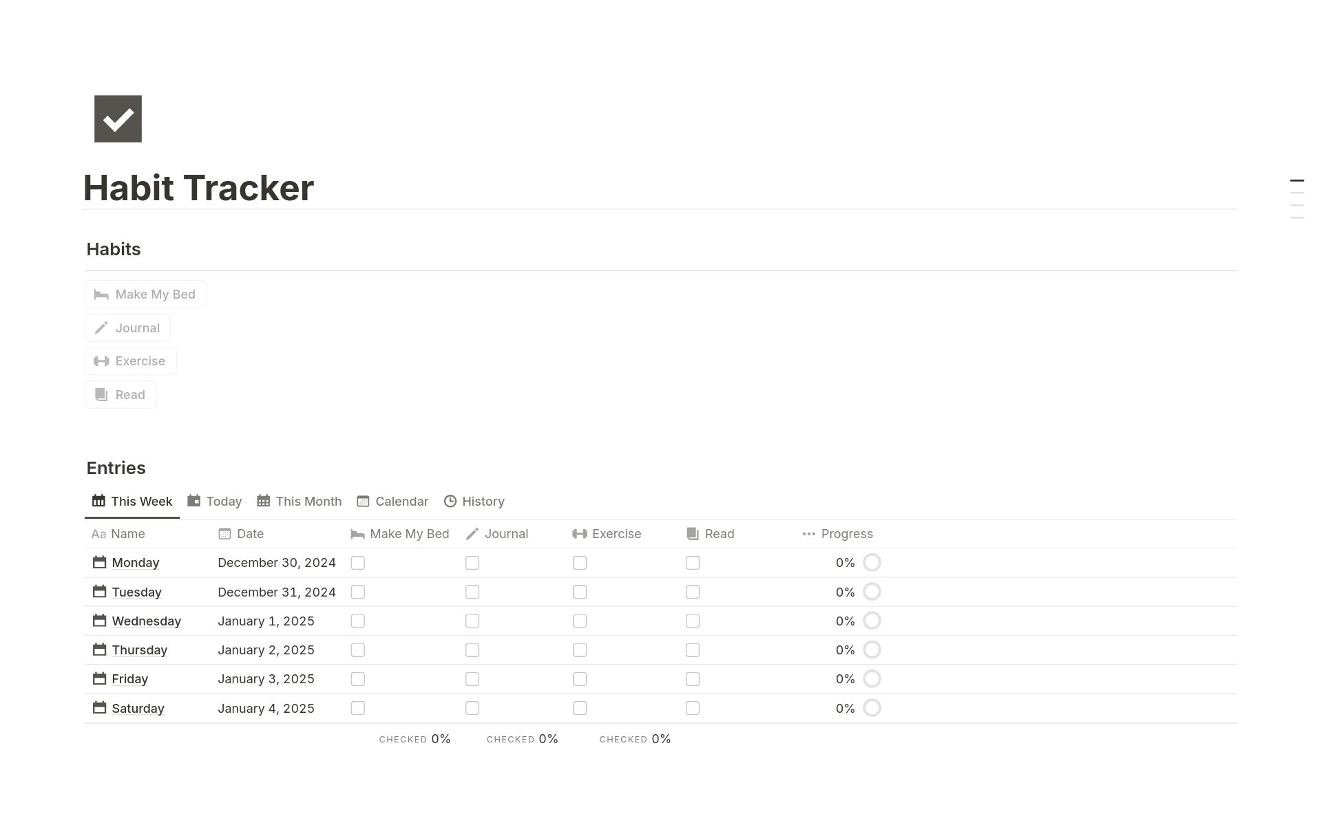 Template Easlo Habit Tracker pour Notion avec interface minimaliste, cases à cocher quotidiennes et visualisation de la progression