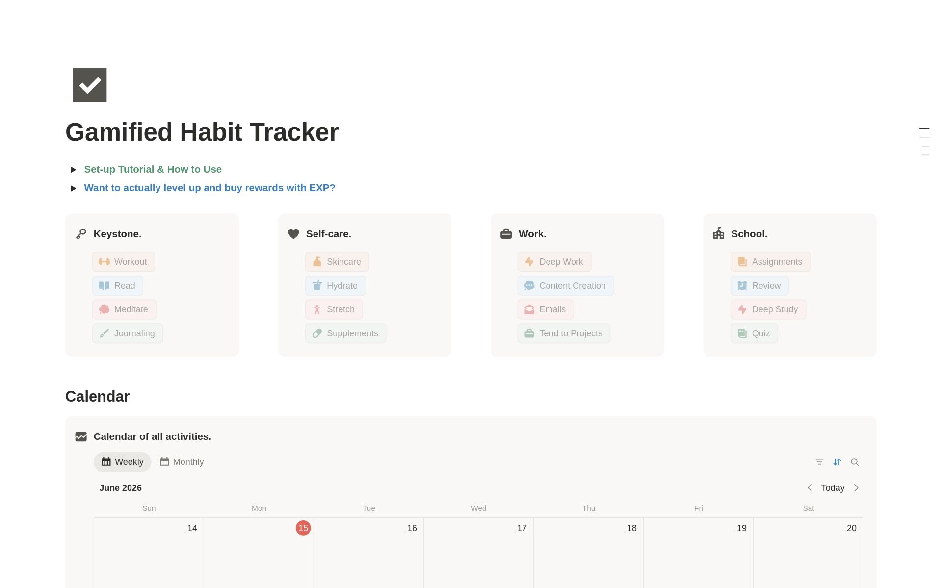 Modèle Gamified Habit Tracker de Notion avec catégories d'habitudes et calendrier d'activités