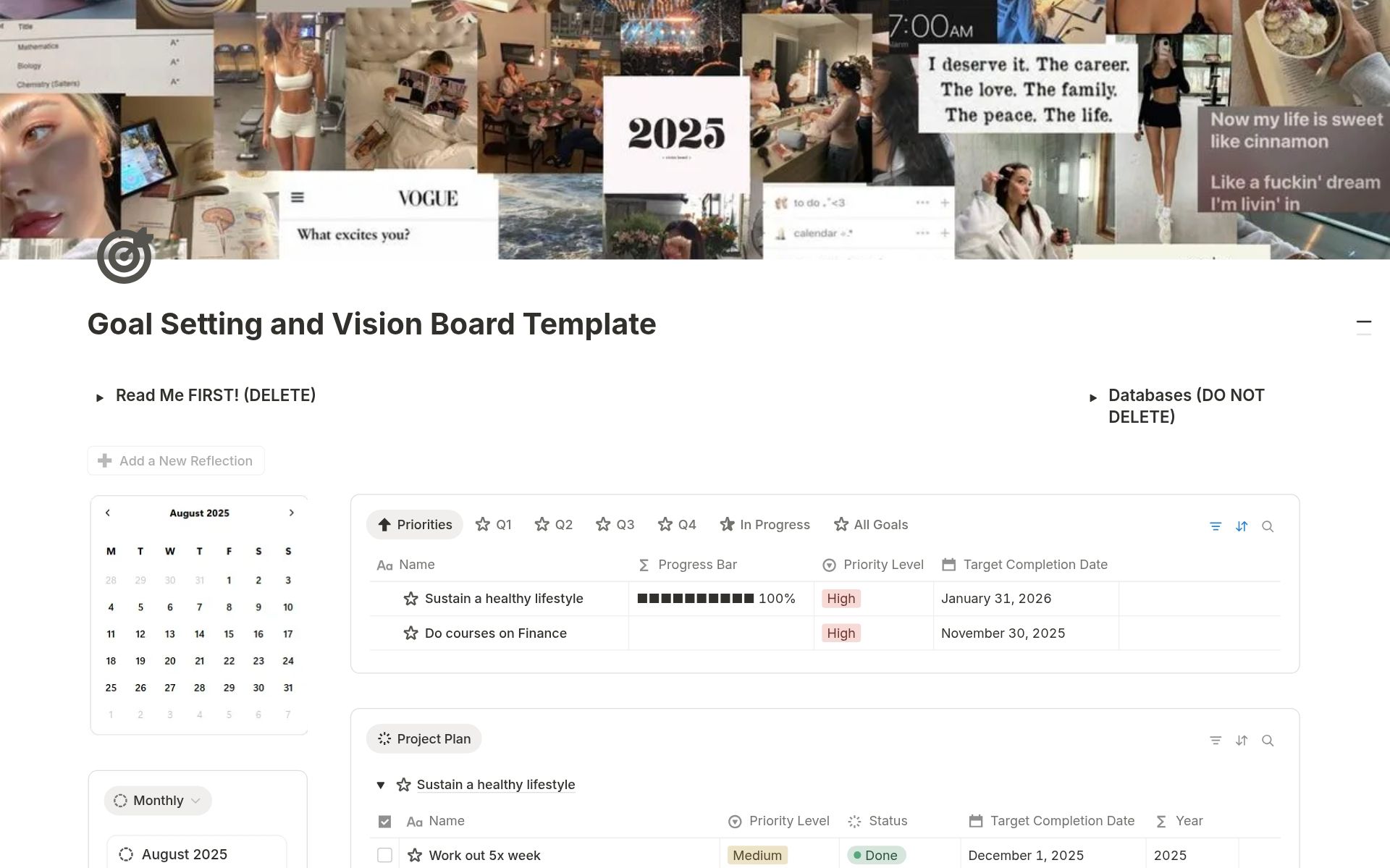 Goal Planner 2026 Notion template with vision board and goal-setting sections.
