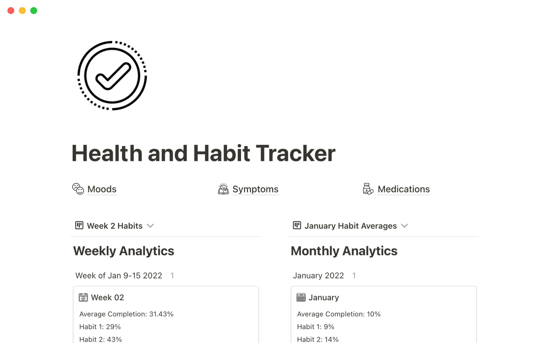 Modèle Health & Habit Tracker de Notion pour le suivi des habitudes et du bien-être (humeur, symptômes)