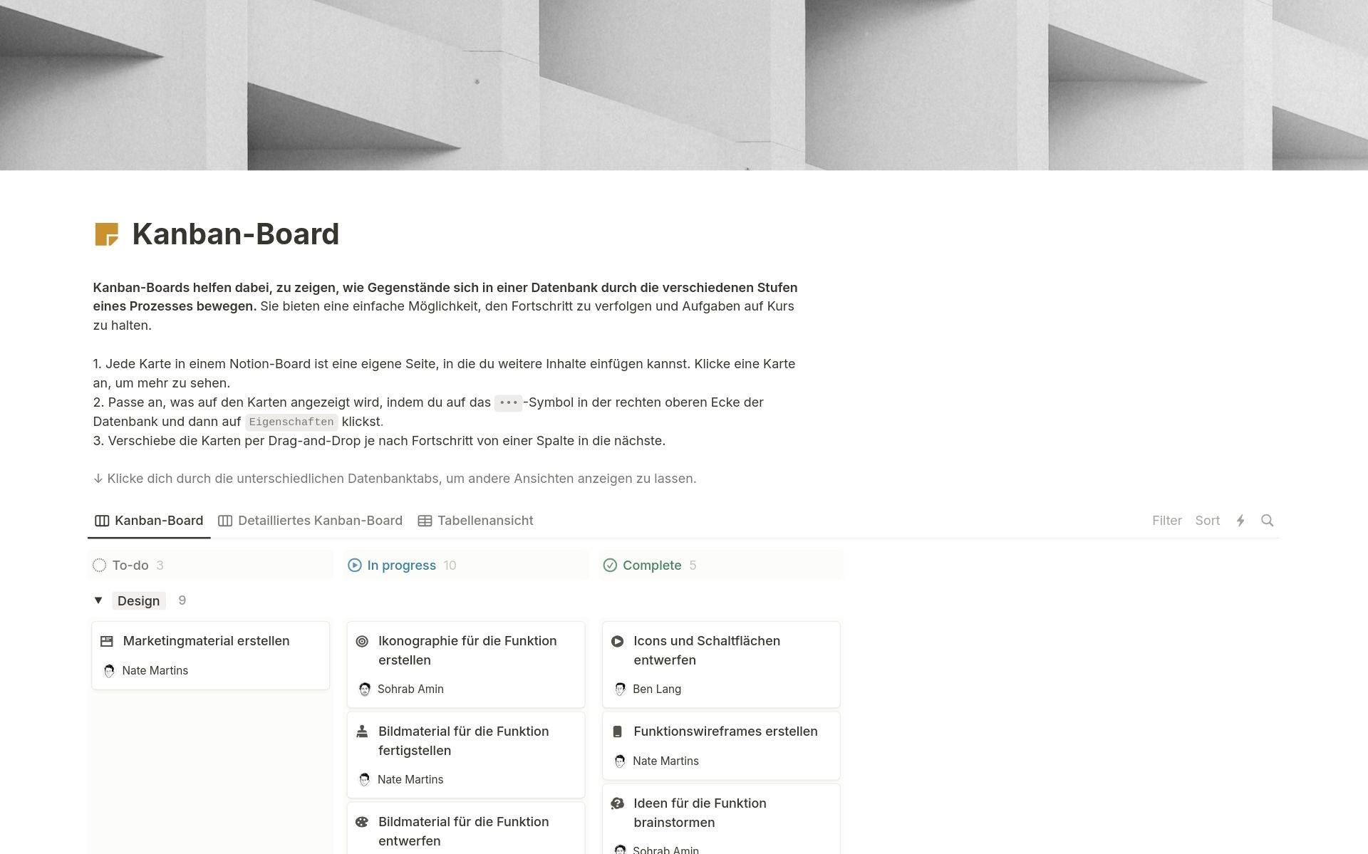 Kanban-Board-Vorlage von Notion mit Aufgaben in drei Spalten: To Do, In Bearbeitung und Erledigt, mit Aufgabenkarten unter jeder Spalte