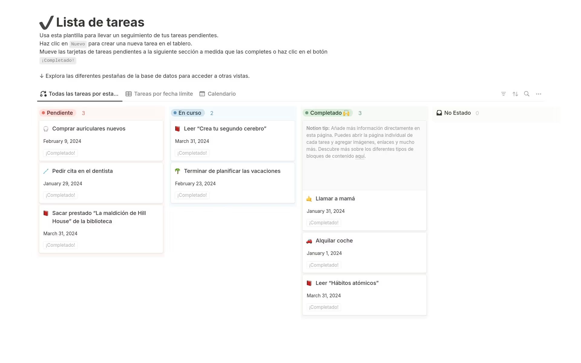 Captura de pantalla de una lista de tareas digitales de Notion organizada en columnas Kanban: Por hacer, En curso, Completado y No estado, cada una con varias tareas en español con fechas y etiquetas.