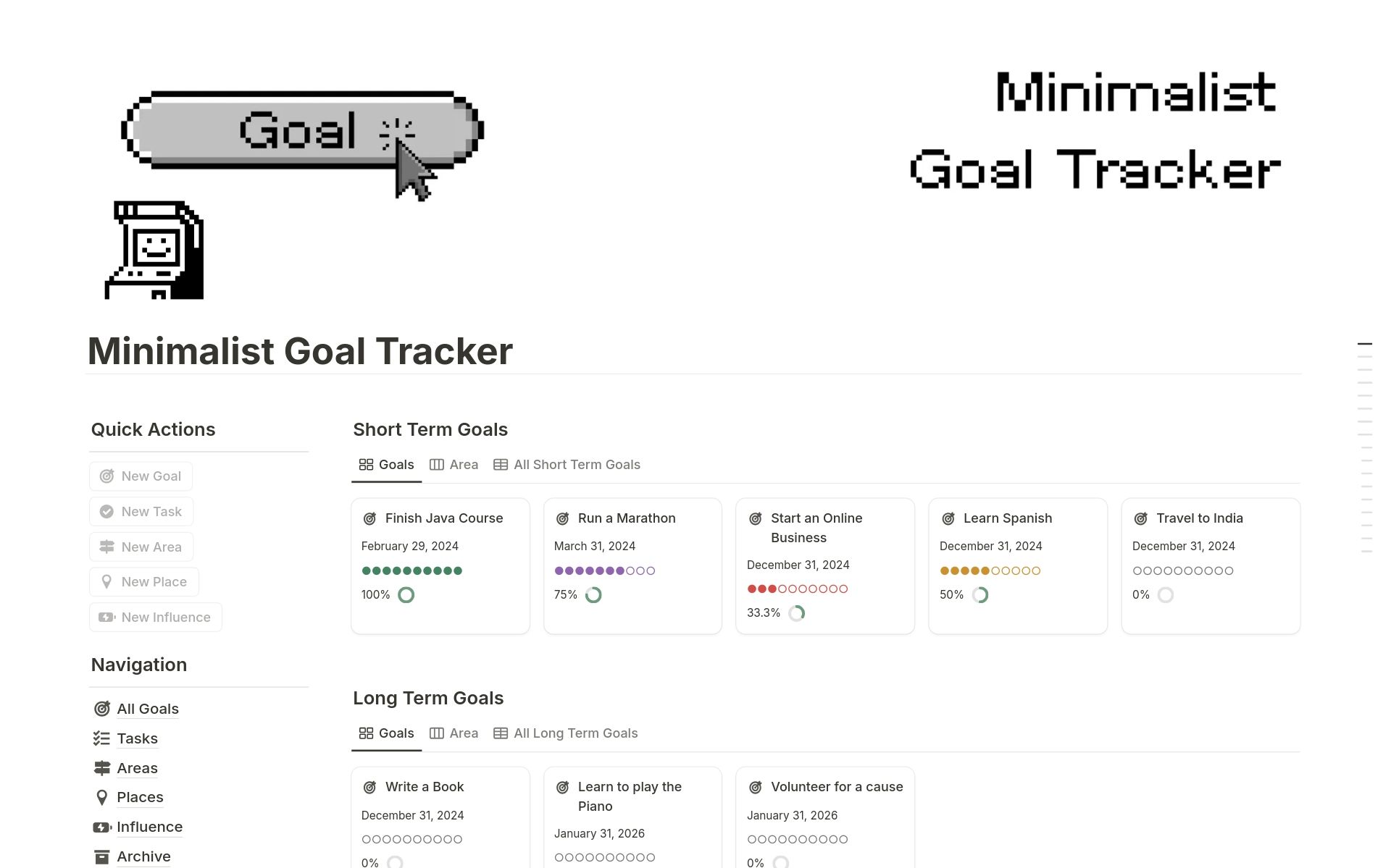 Minimalist Goal Tracker for Notion showing a clean dashboard with short-term and long-term goal cards, progress dots, and a quick actions sidebar.