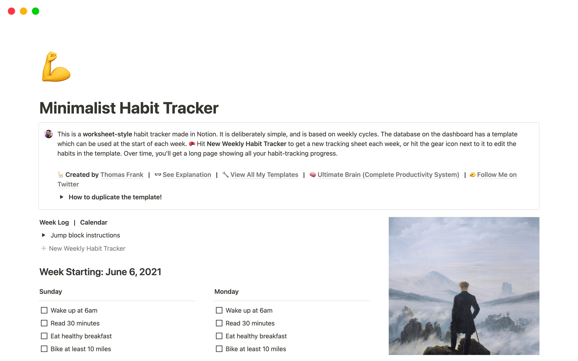 Modèle Minimalist Habit Tracker de Thomas Frank avec une grille hebdomadaire et des colonnes par jour