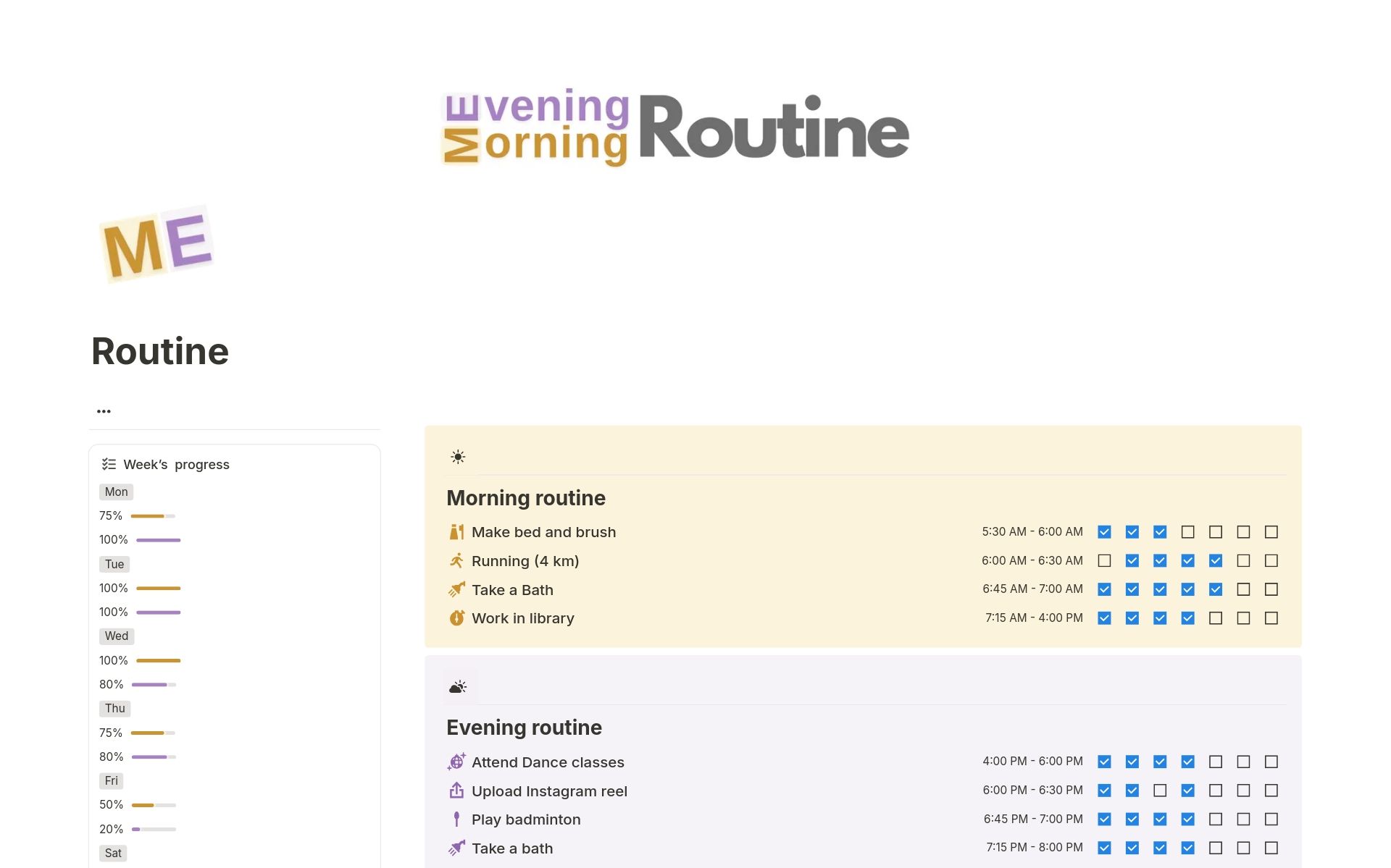 Modèle Morning + Evening Routine Tracker de Notion avec habitudes matin/soir et vue hebdomadaire