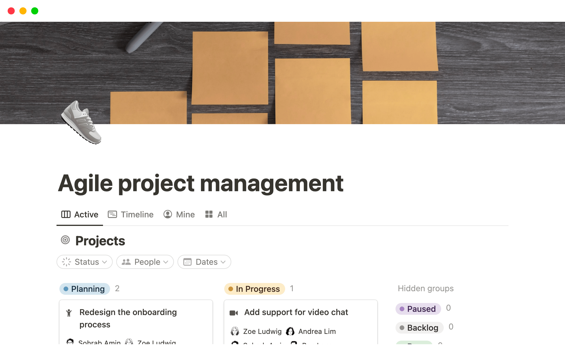 Notion Agile project management template with sprint board and timeline view