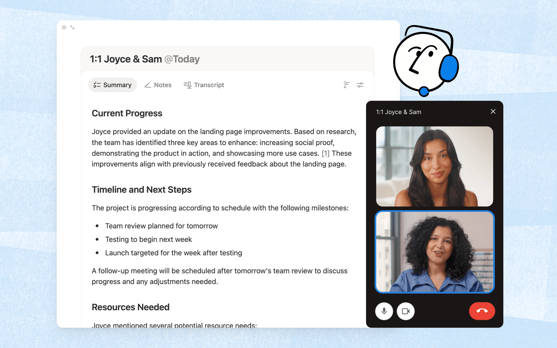 Notion AI Meeting Notes interface showing a 1-on-1 meeting transcription with auto-generated summary and action items