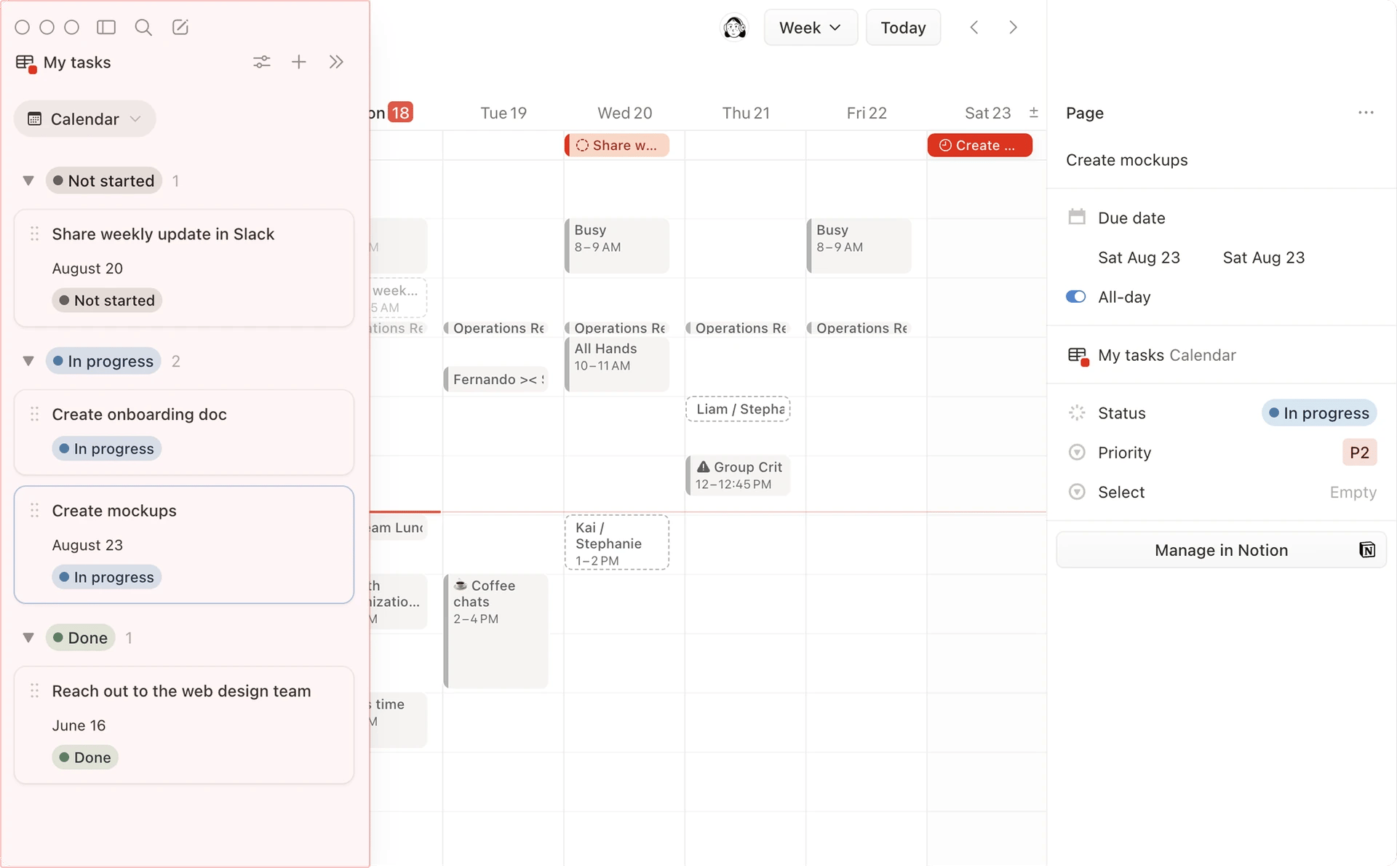 Notion Calendar avec une base My tasks ouverte dans le panneau de gauche, regroupée en Not started, In progress et Done, et l'échéance, le statut et la priorité de la page sélectionnée dans le panneau de droite