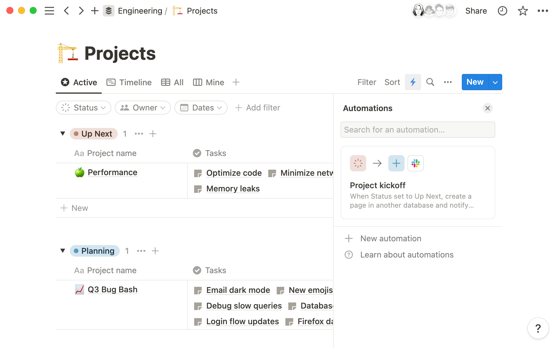 Base de datos de Notion con el panel lateral de automatizaciones abierto: una automatización guardada que se ejecuta cuando el estado pasa a Up Next y, debajo, la opción para crear otra