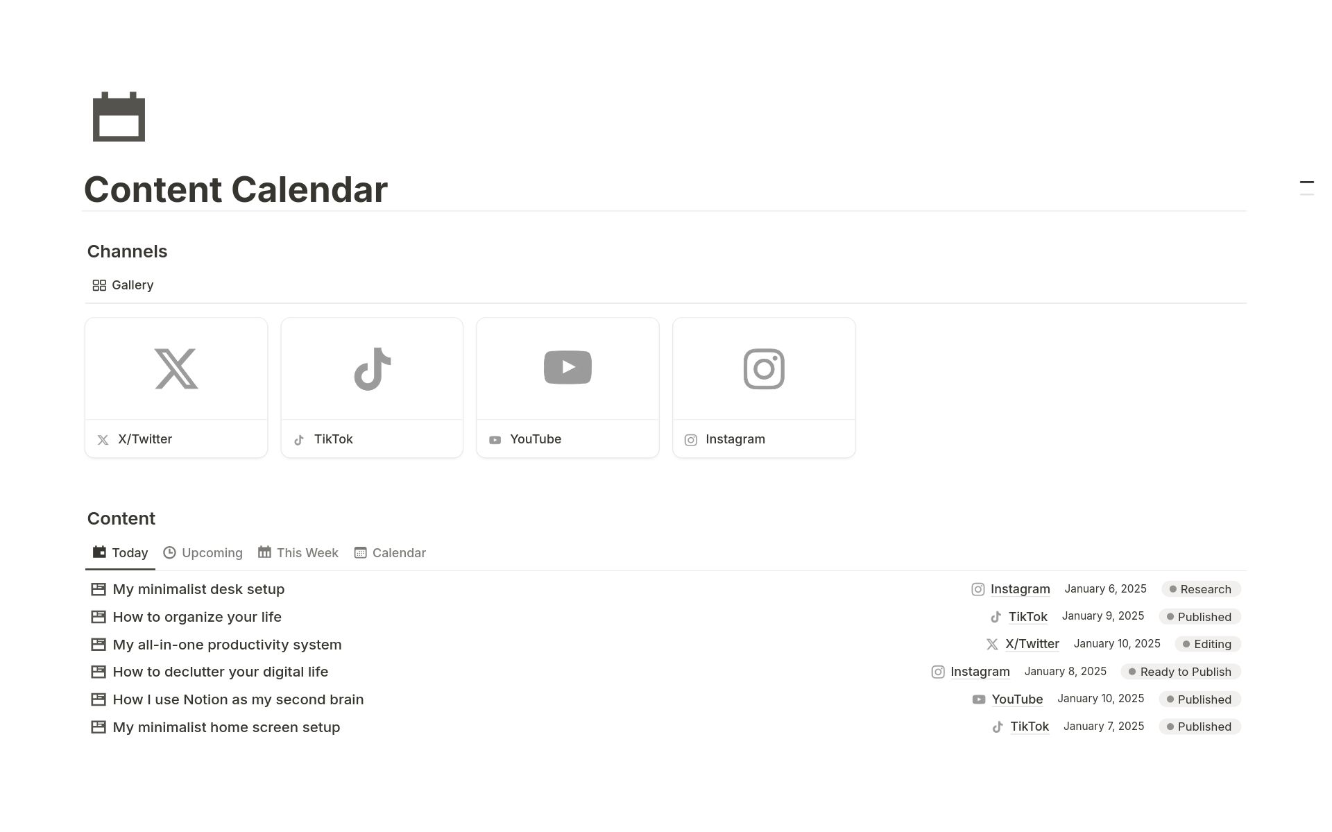 Una plantilla de Notion llamada Easlo Content Calendar muestra una galería de canales para Twitter, TikTok, YouTube e Instagram, junto a un calendario de publicaciones.