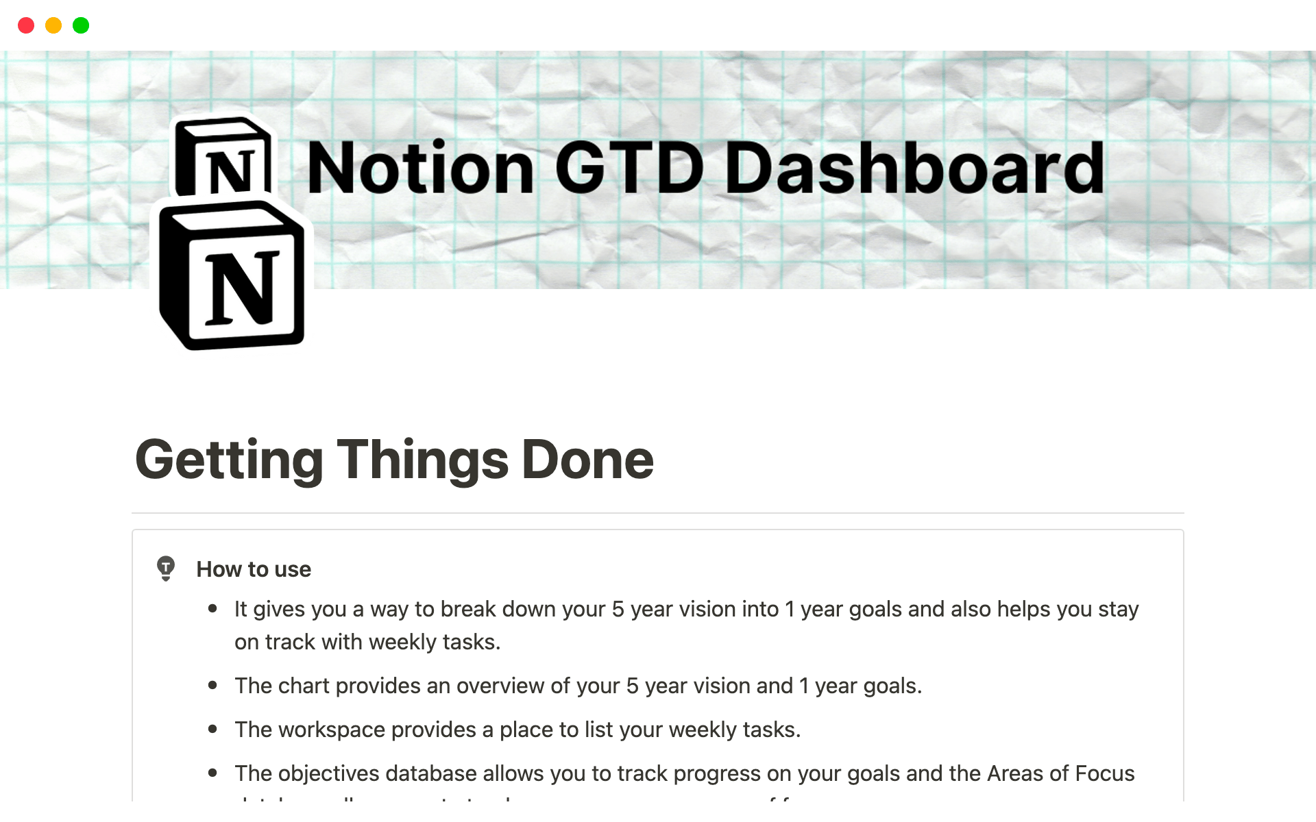 GTD Dashboard template by Notion Nest with inbox capture, Next Actions, Waiting For, and Someday/Maybe lists organized by GTD context.