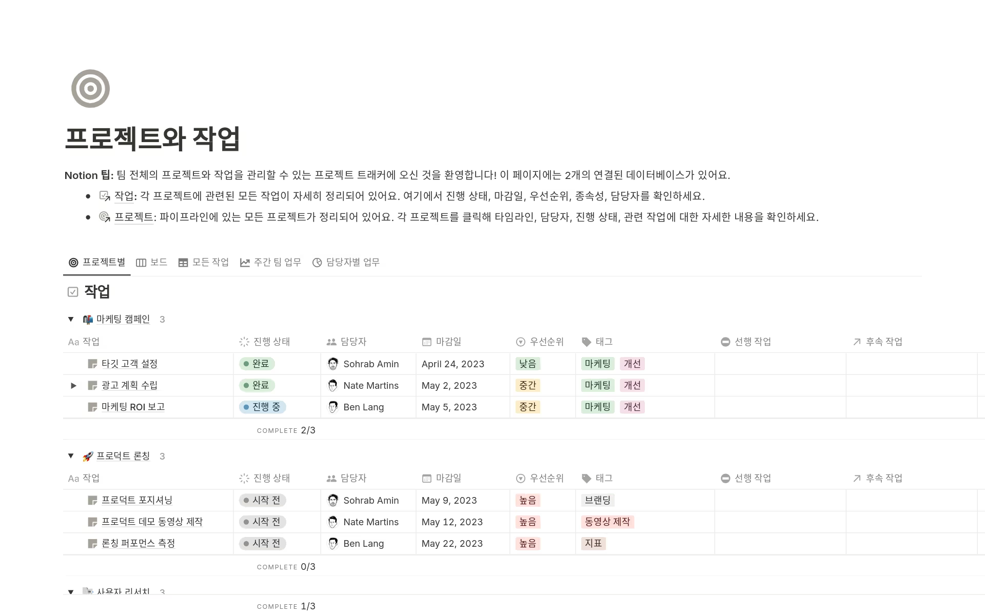 한국어로 된 Notion 프로젝트 관리 템플릿에는 담당자, 마감일, 상태, 우선순위, 유형에 대한 열이 있는 프로젝트 및 작업 목록을 표시하는 디지털 대시보드가 있습니다. 각 섹션 아래에는 여러 항목이 정리되어 있습니다.