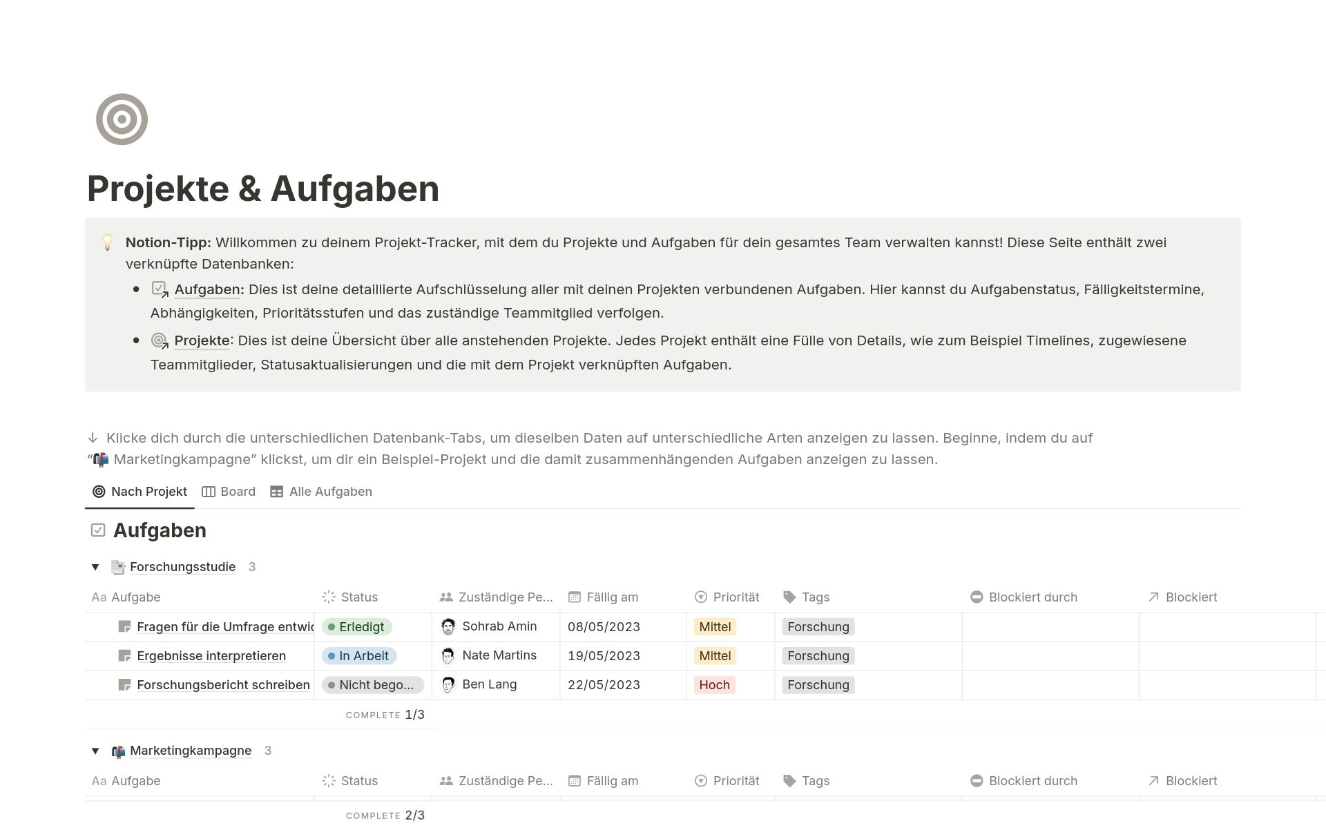 Vorlage „Projekte & Aufgaben" in Notion mit nach Bereichen organisierten Aufgaben, Status, Verantwortlichen, Fälligkeitsdaten, Prioritäten und Tags in Tabellenform
