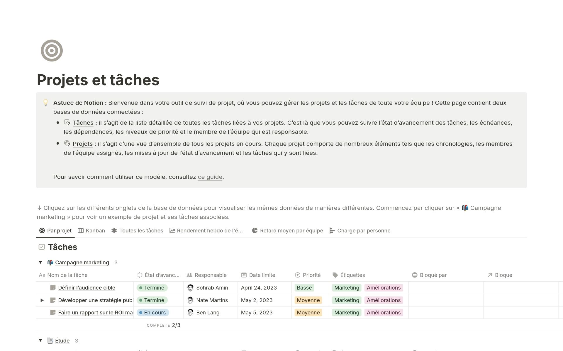 Modèle Projets et tâches dans Notion affichant des tâches organisées par domaine avec statuts, responsables, dates d'échéance, priorités et étiquettes dans un tableau