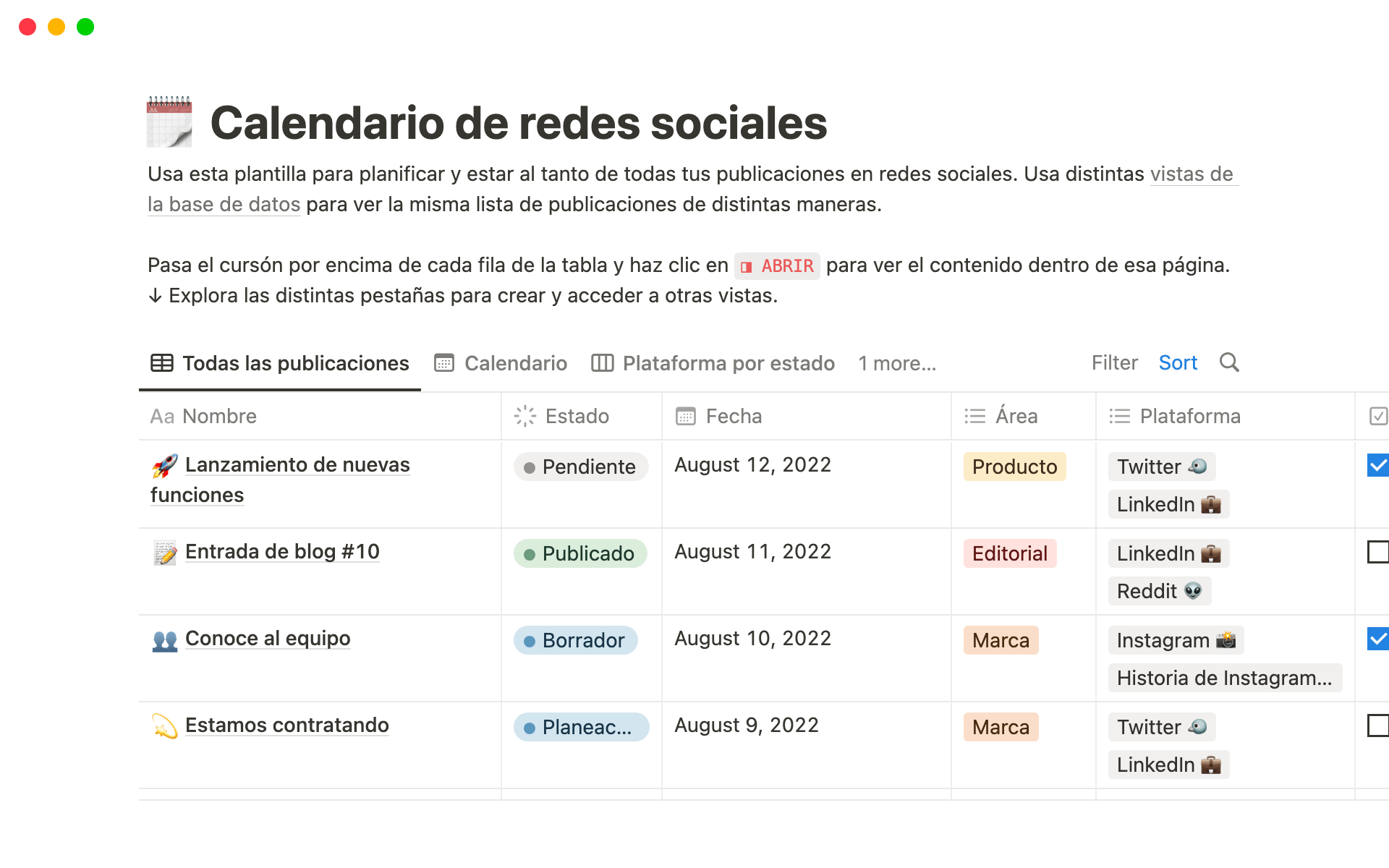 Una plantilla de calendario de contenido de Notion muestra publicaciones programadas por fecha y área, junto a un gráfico de barras con la frecuencia de publicación por semana y plataforma.
